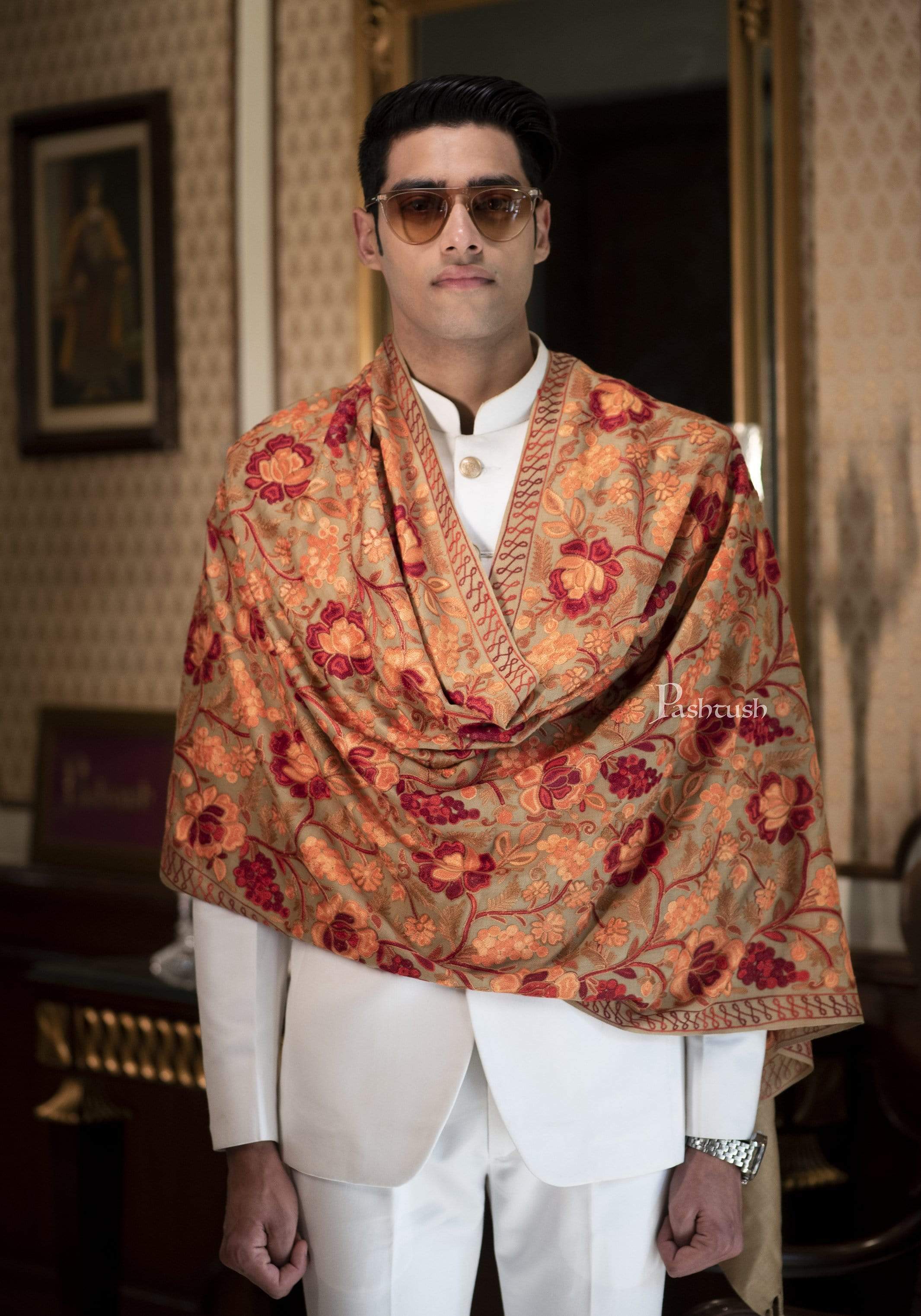 Pashtush Mens Aari Embroidery Stole, Fine Wool, Beige - Image 2