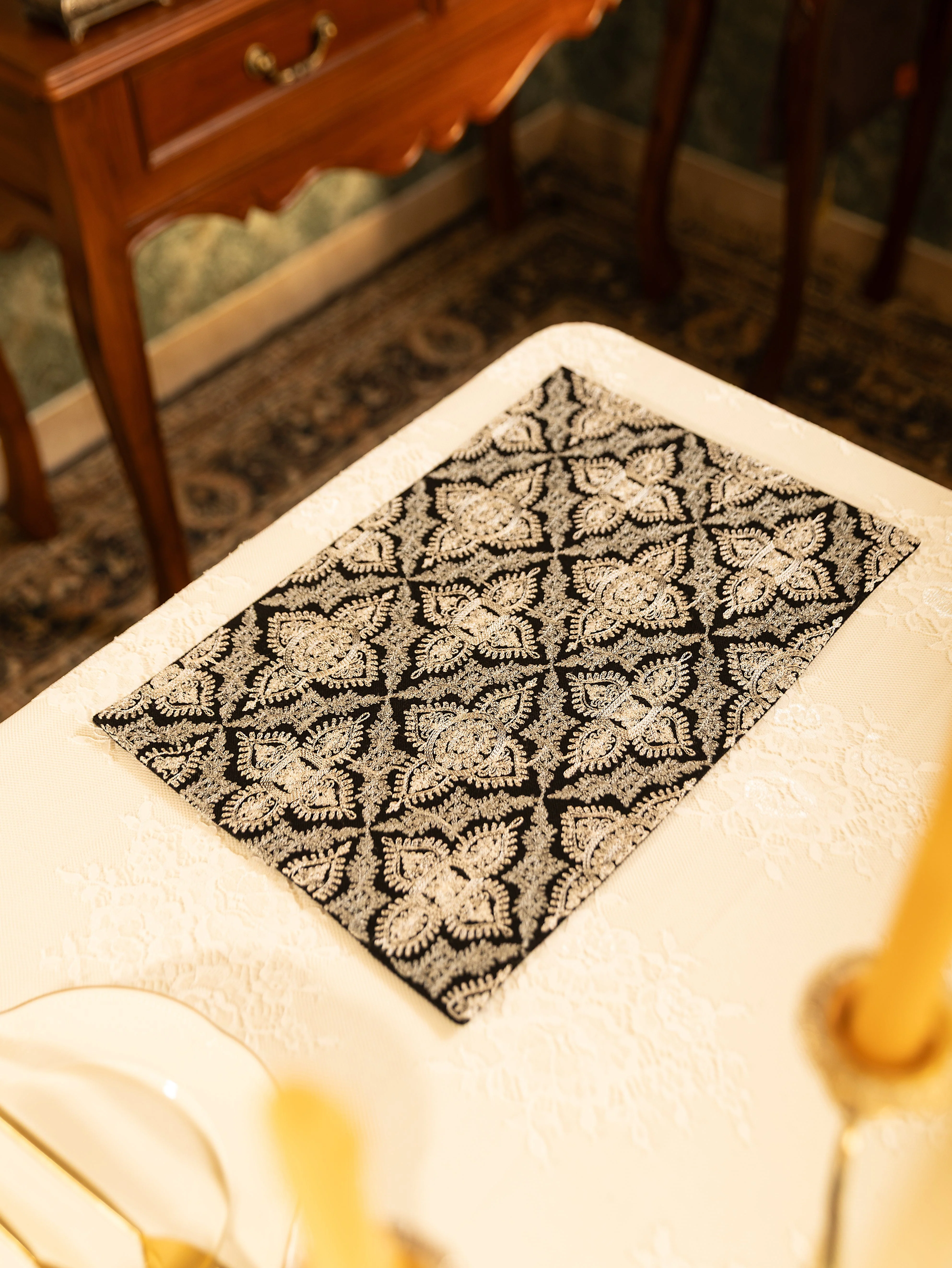 Pashtush Luxury Table Mats, Nalki Embroidery Collection, Black (Mats Only)
