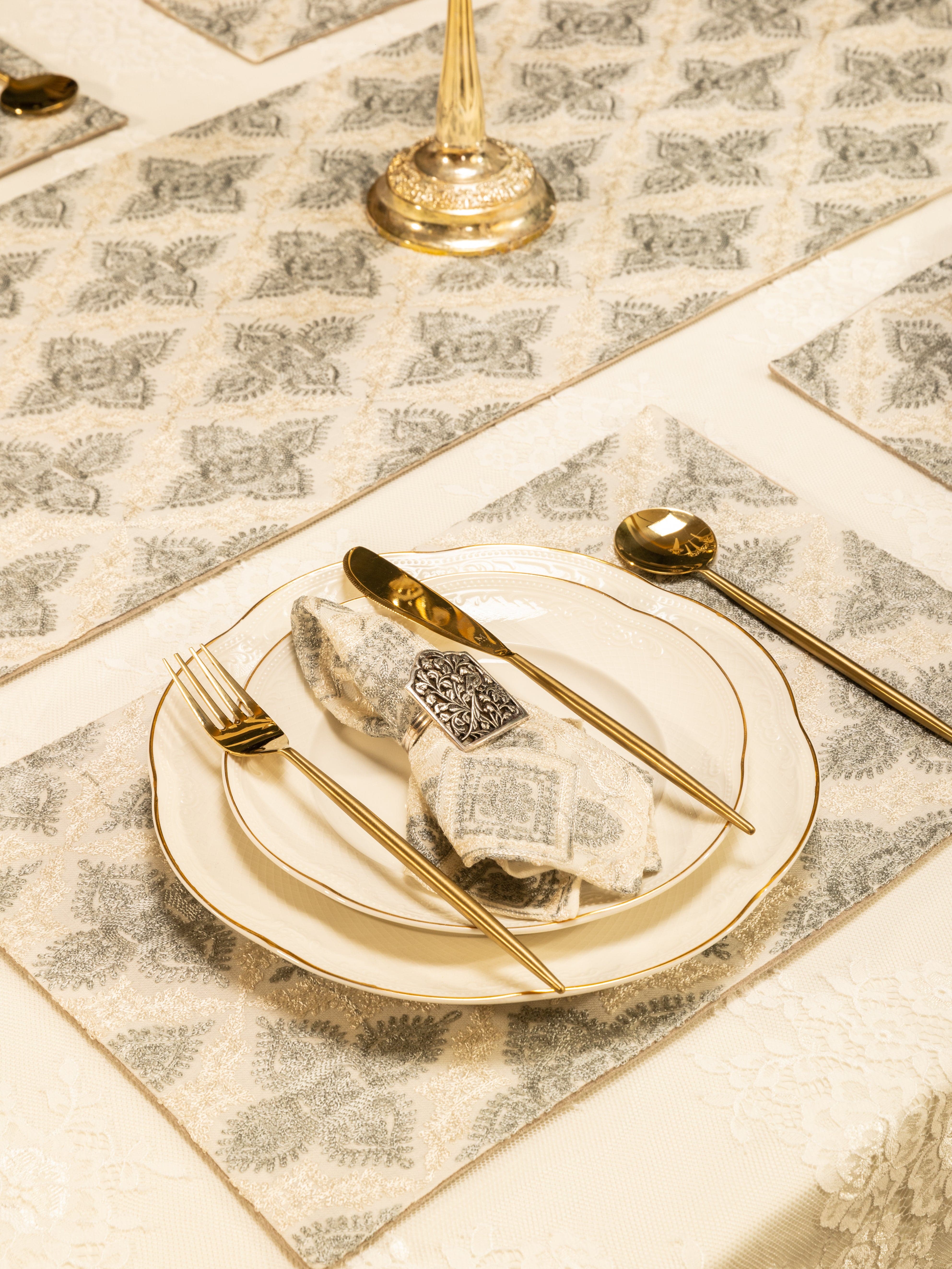 Pashtush Luxury Table Mats, Nalki Embroidery Collection, Ivory (Mats Only) - Image 2