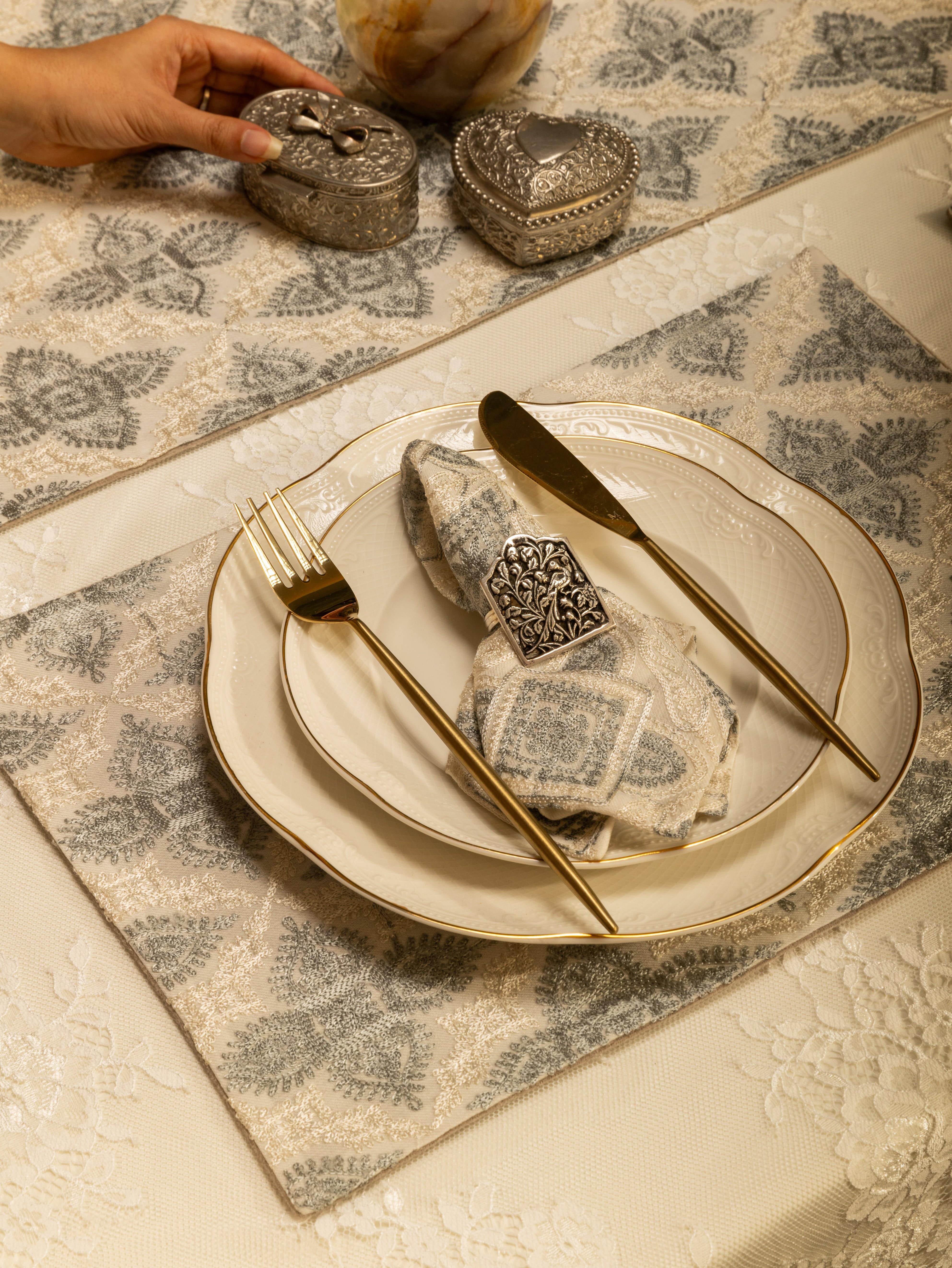 Pashtush Luxury Table Mats, Nalki Embroidery Collection, Ivory (Mats Only) - Image 4
