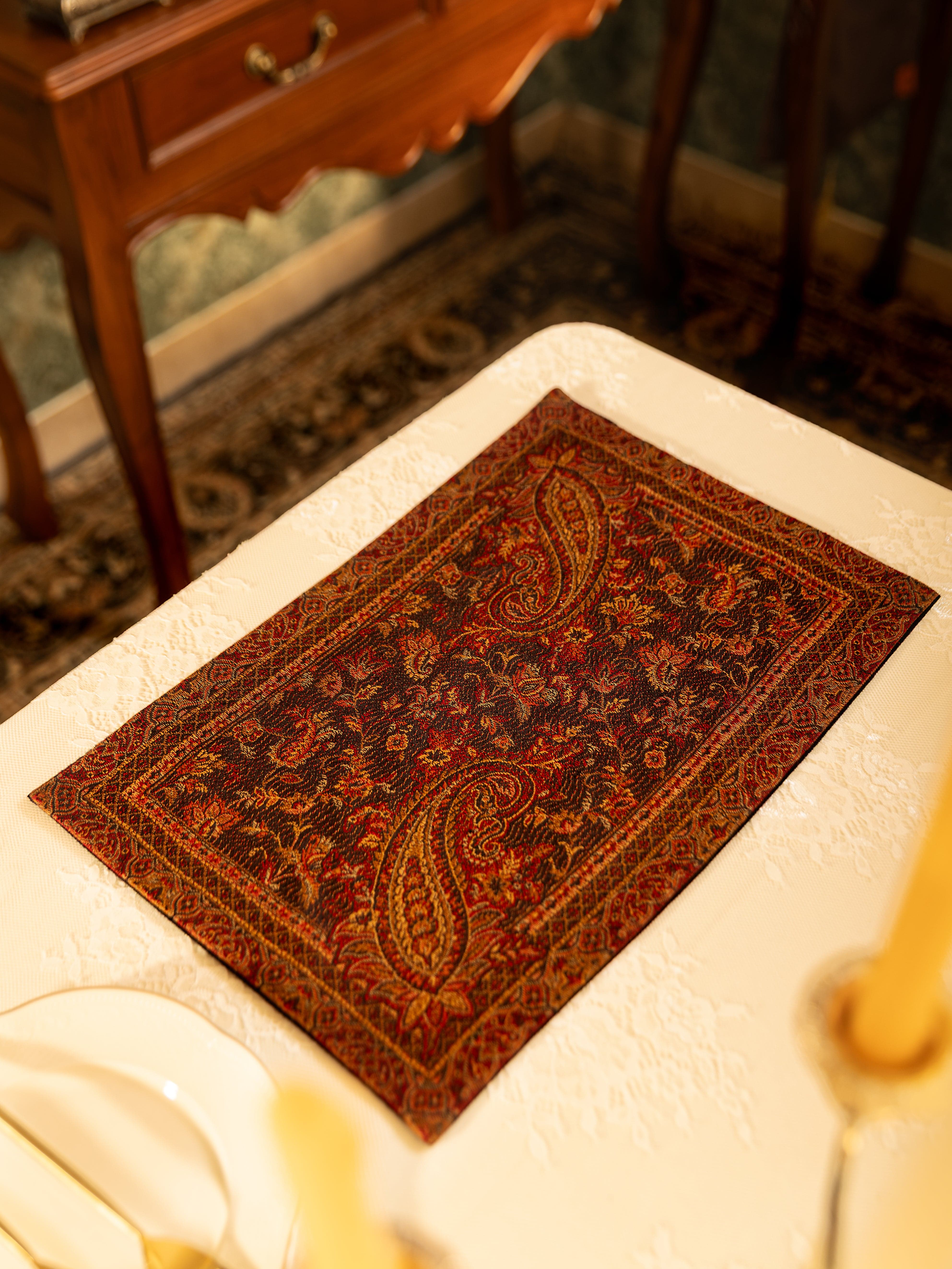 Pashtush Luxury Table Runner with Mats Set, Jamawar Collection, Espresso Brown - Image 2