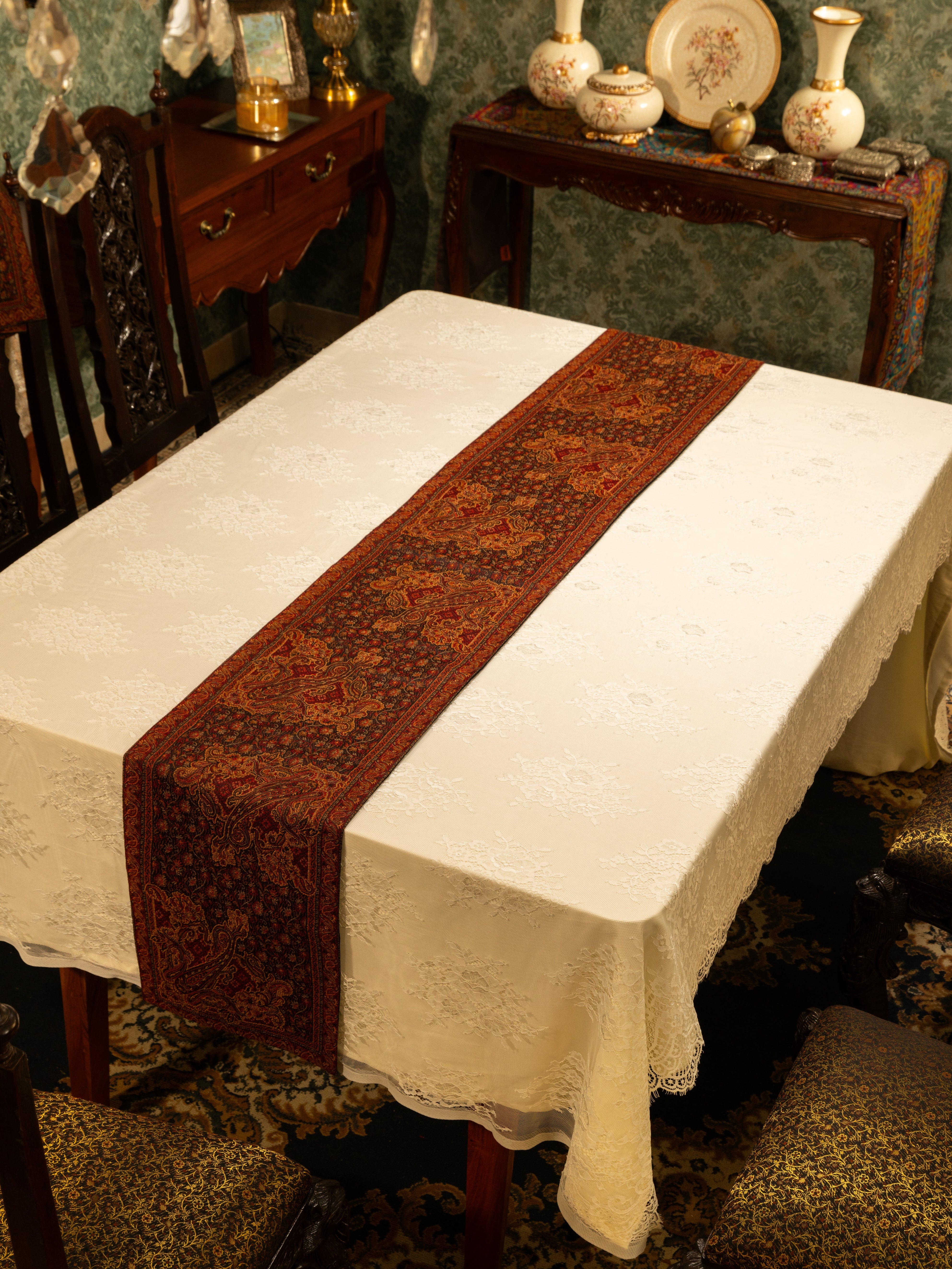 Pashtush Luxury Table Runner with Mats Set, Jamawar Collection, Espresso Brown - Image 5