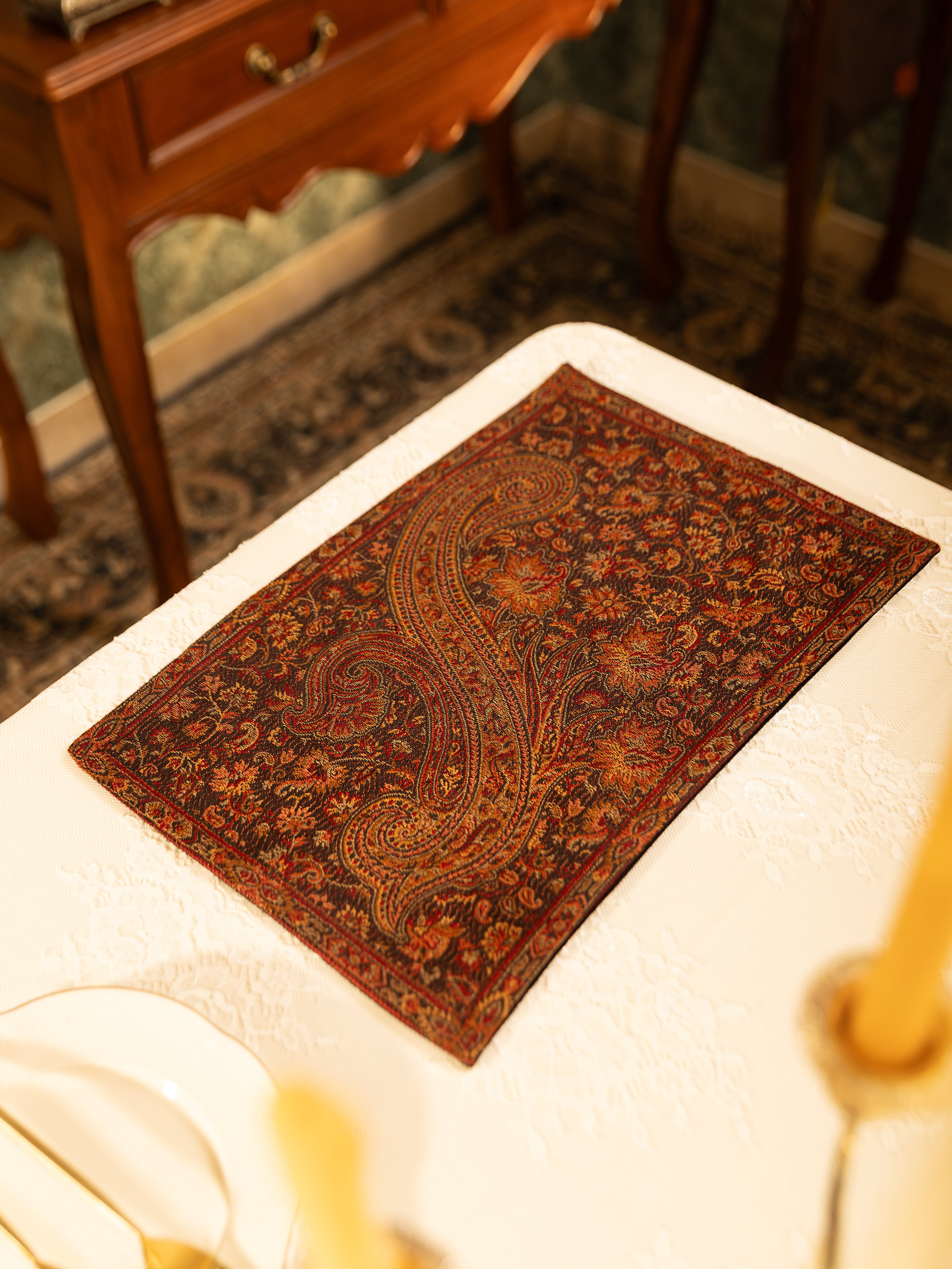 Pashtush Luxury Table Runner with Mats Set, Jamawar Collection, Espresso Brown - Image 2