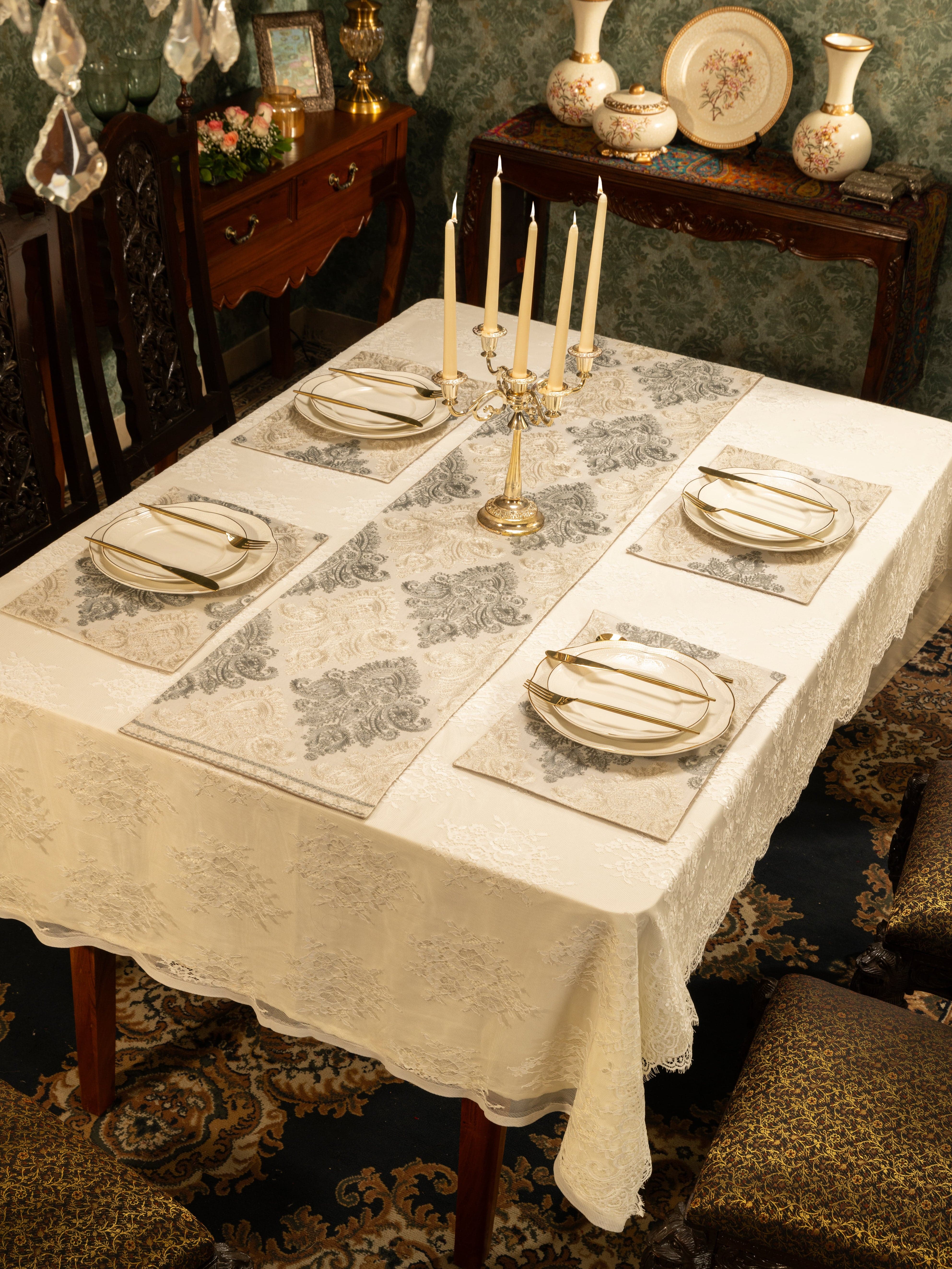 Pashtush Luxury Table Runner with Mats Set, Twilight Collection, Ivory