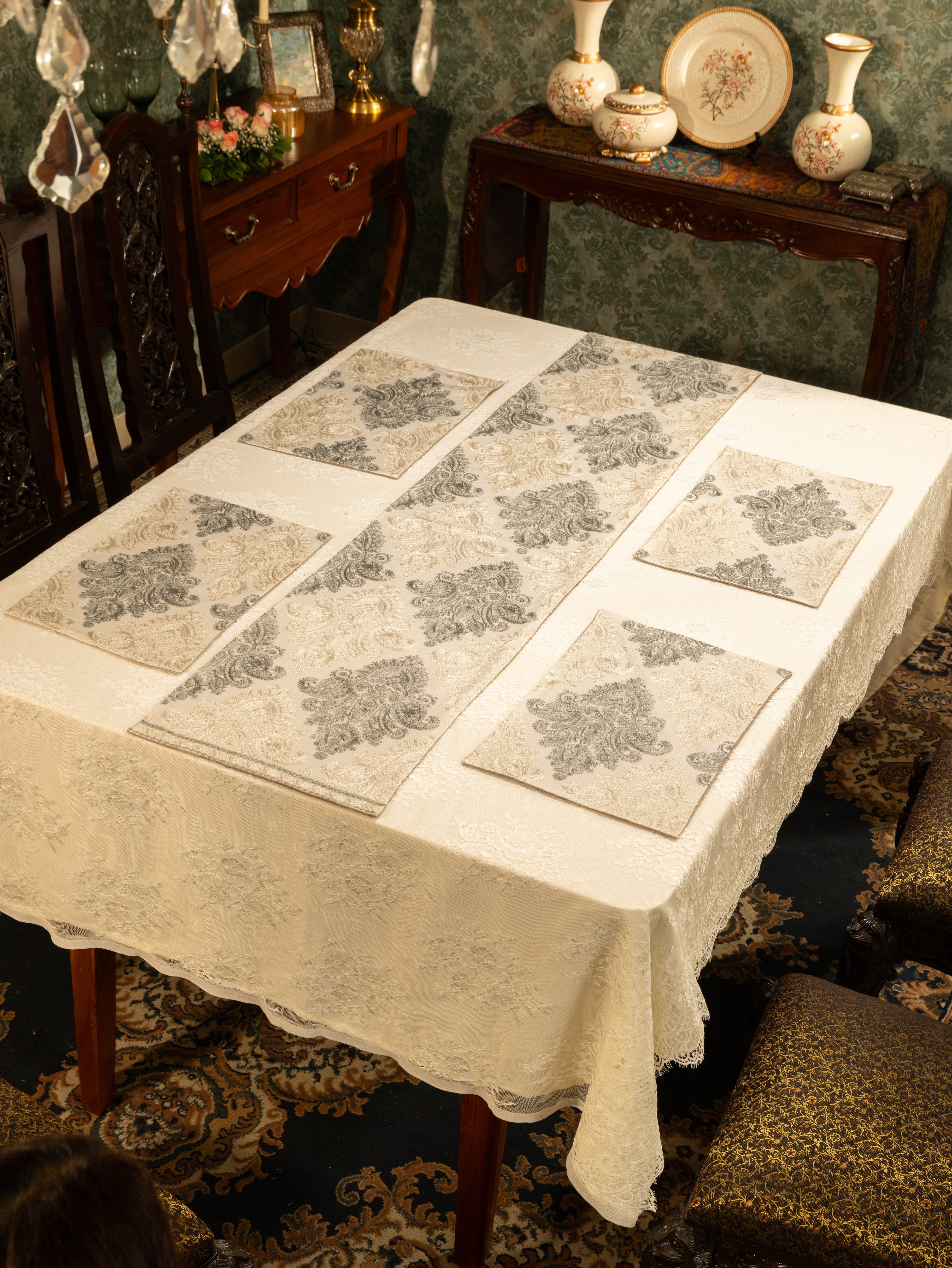 Pashtush Luxury Table Runner with Mats Set, Twilight Collection, Ivory - Image 4