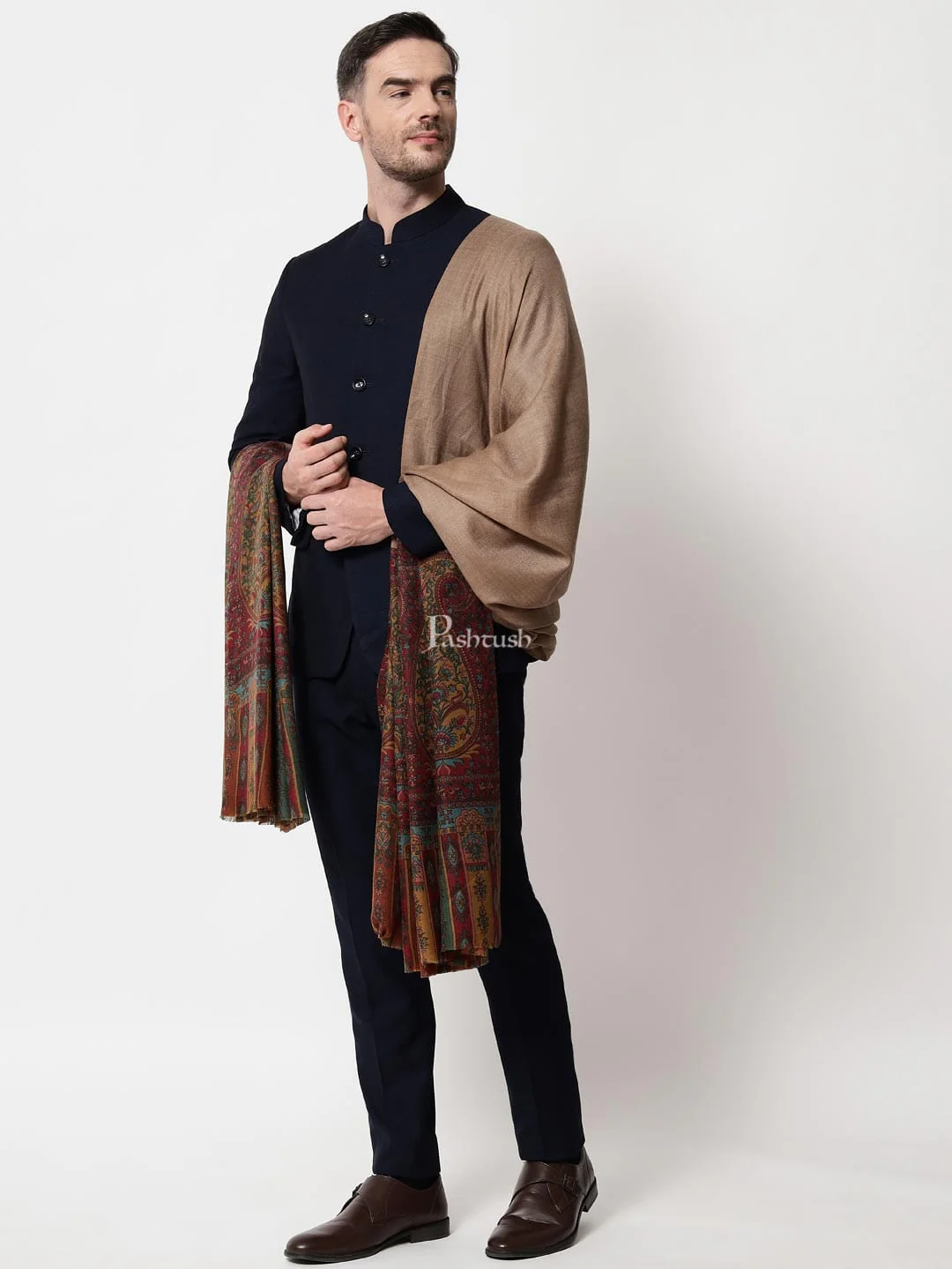 Pashtush men Extra Fine Wool Printed Palla shawl, Multicolour - Image 4