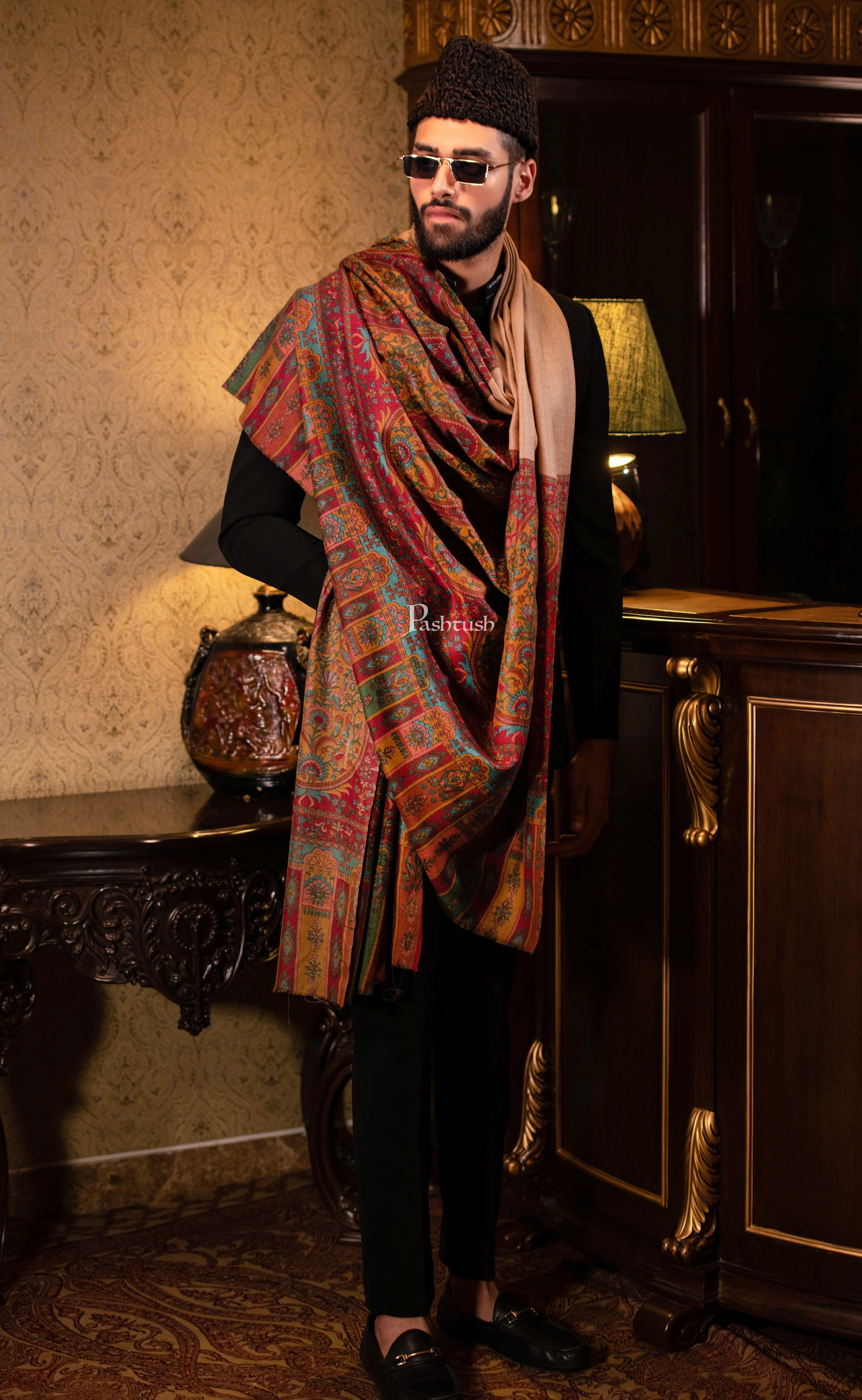 Pashtush men Extra Fine Wool Printed Palla shawl, Multicolour