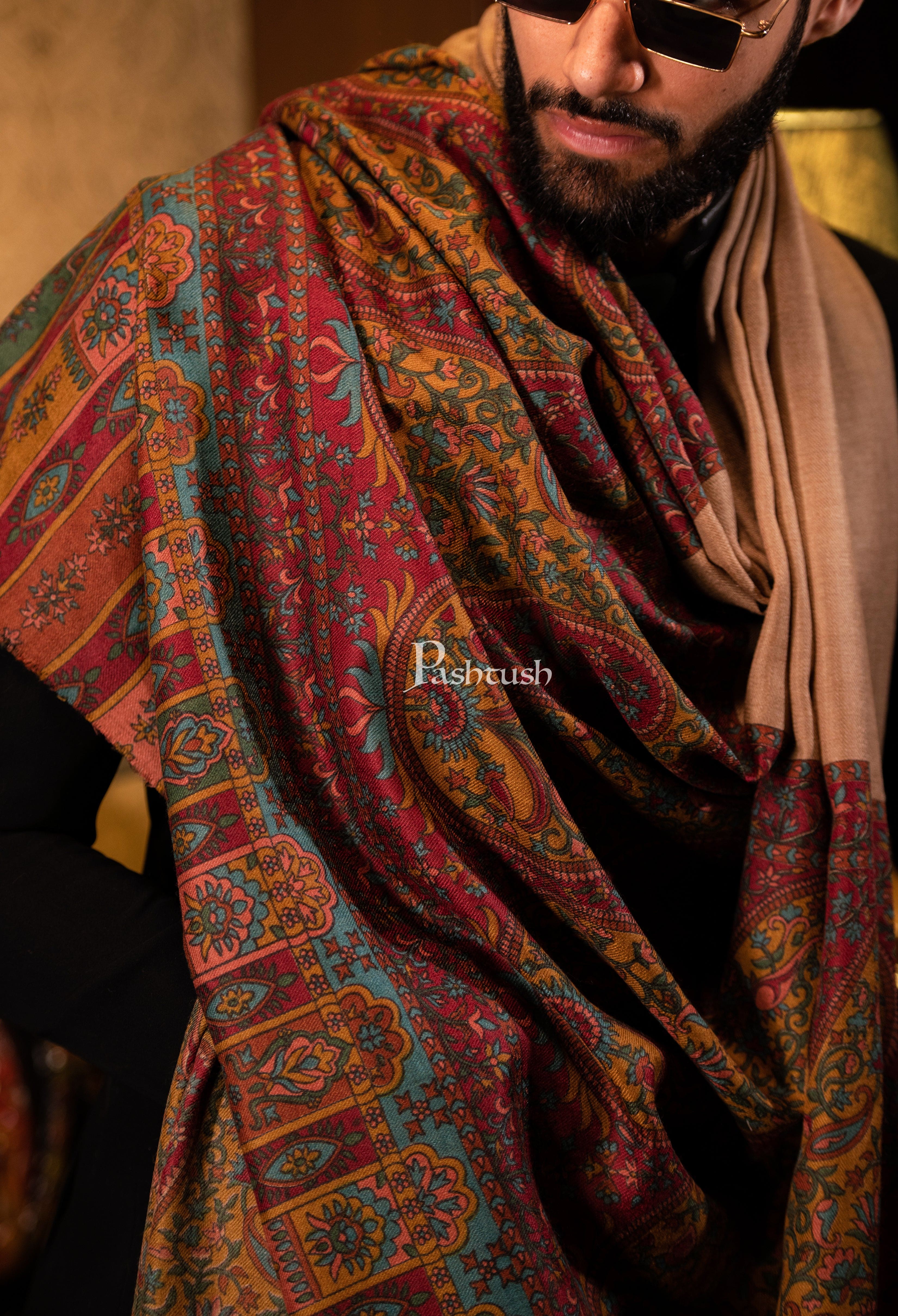 Pashtush men Extra Fine Wool Printed Palla shawl, Multicolour - Image 3
