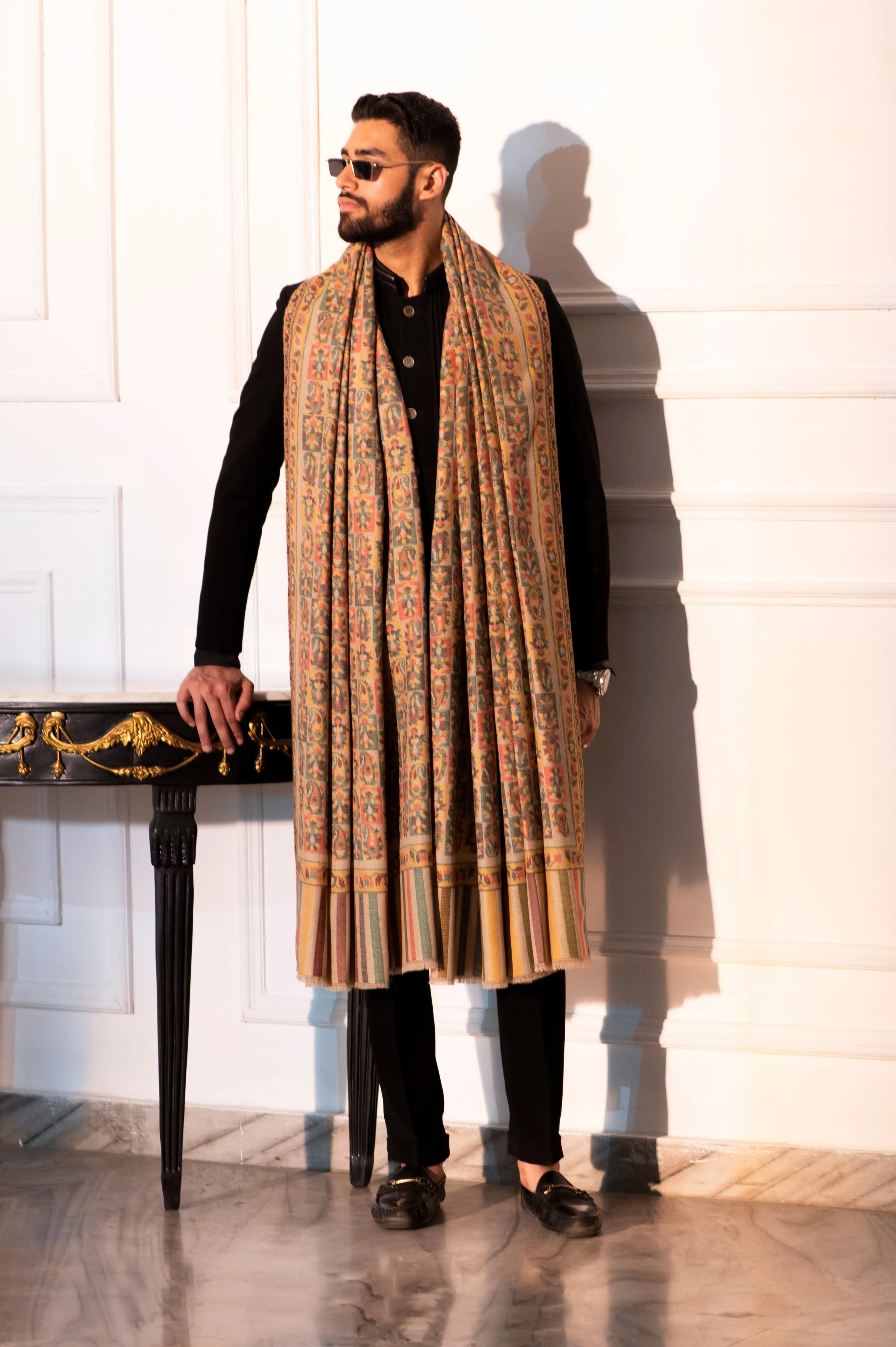 Pashtush Men Extra Fine Wool Shawl, Ethnic Design, Mens Lohi, Full Size, Beige - Image 3