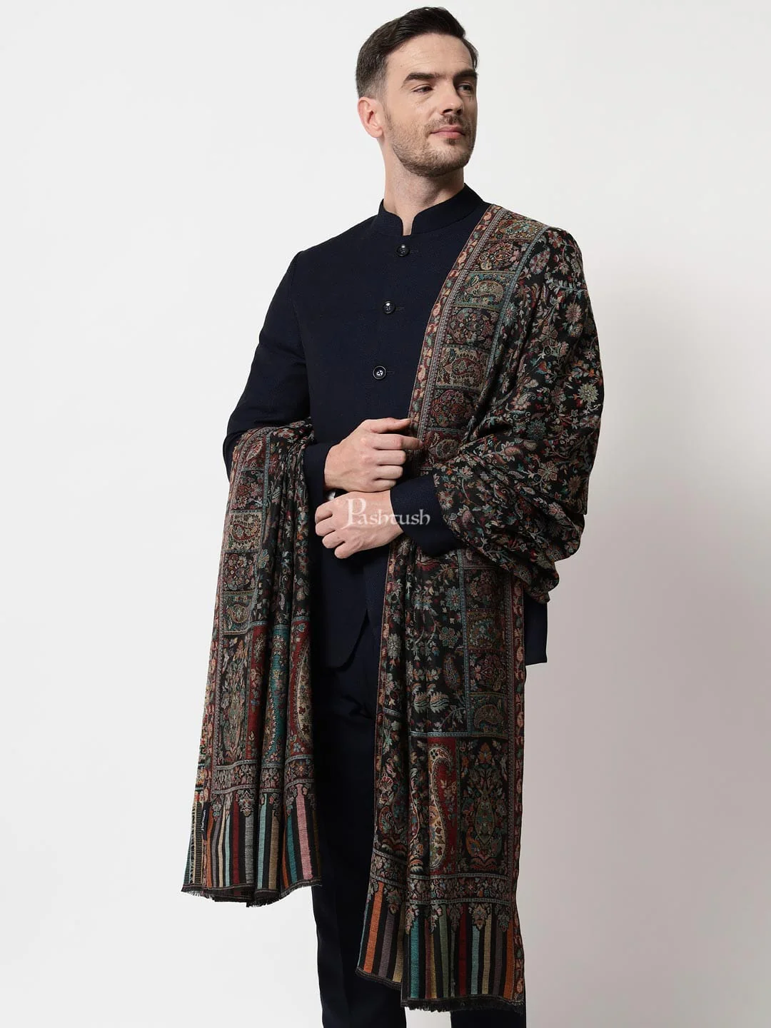 Pashtush men Extra Fine Wool shawl, ethnic design, Mens Lohi, Full size, Black - Image 3