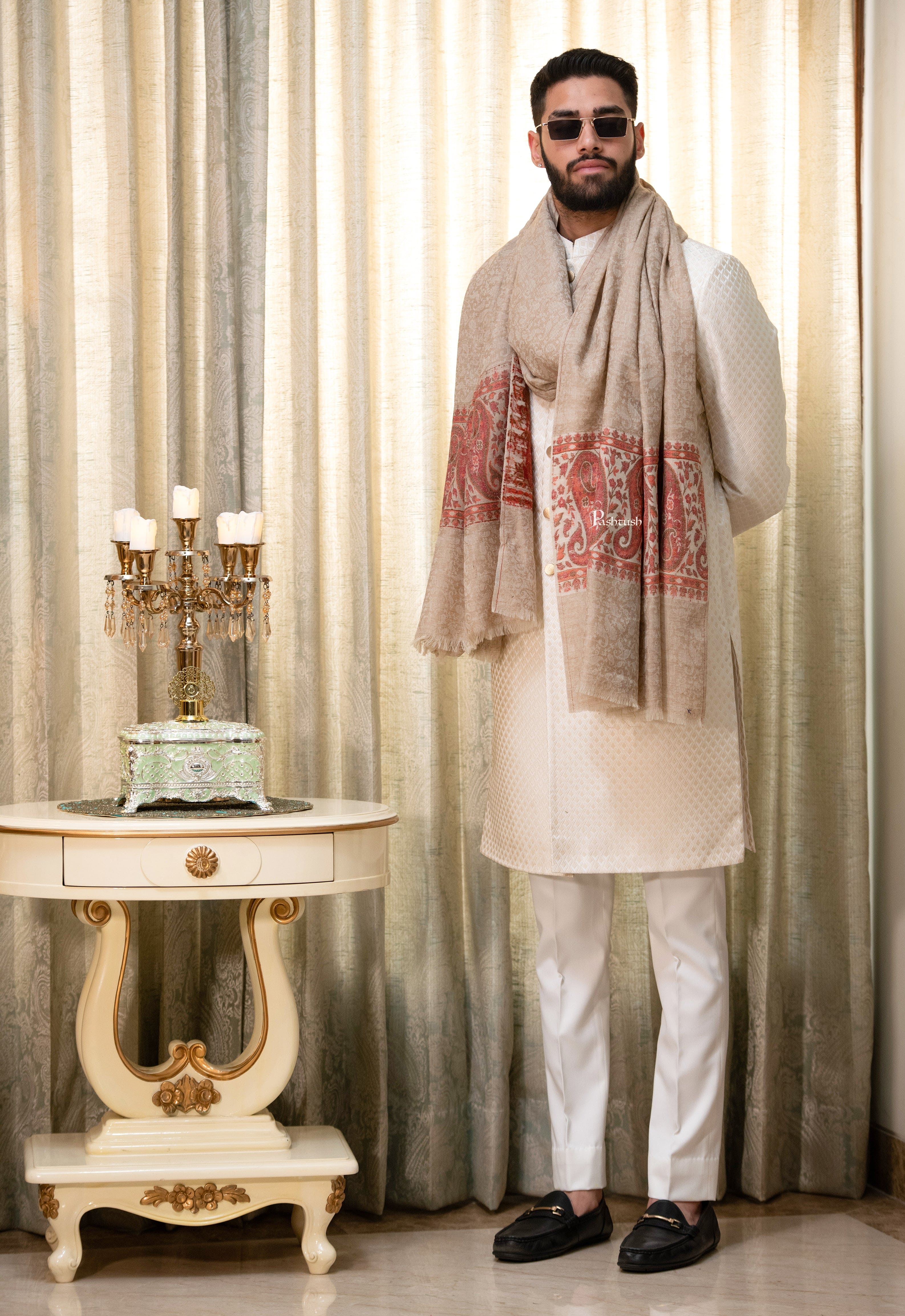 Pashtush men Extra Fine Wool shawl, Ethnic Palla design,light Beige - Image 2
