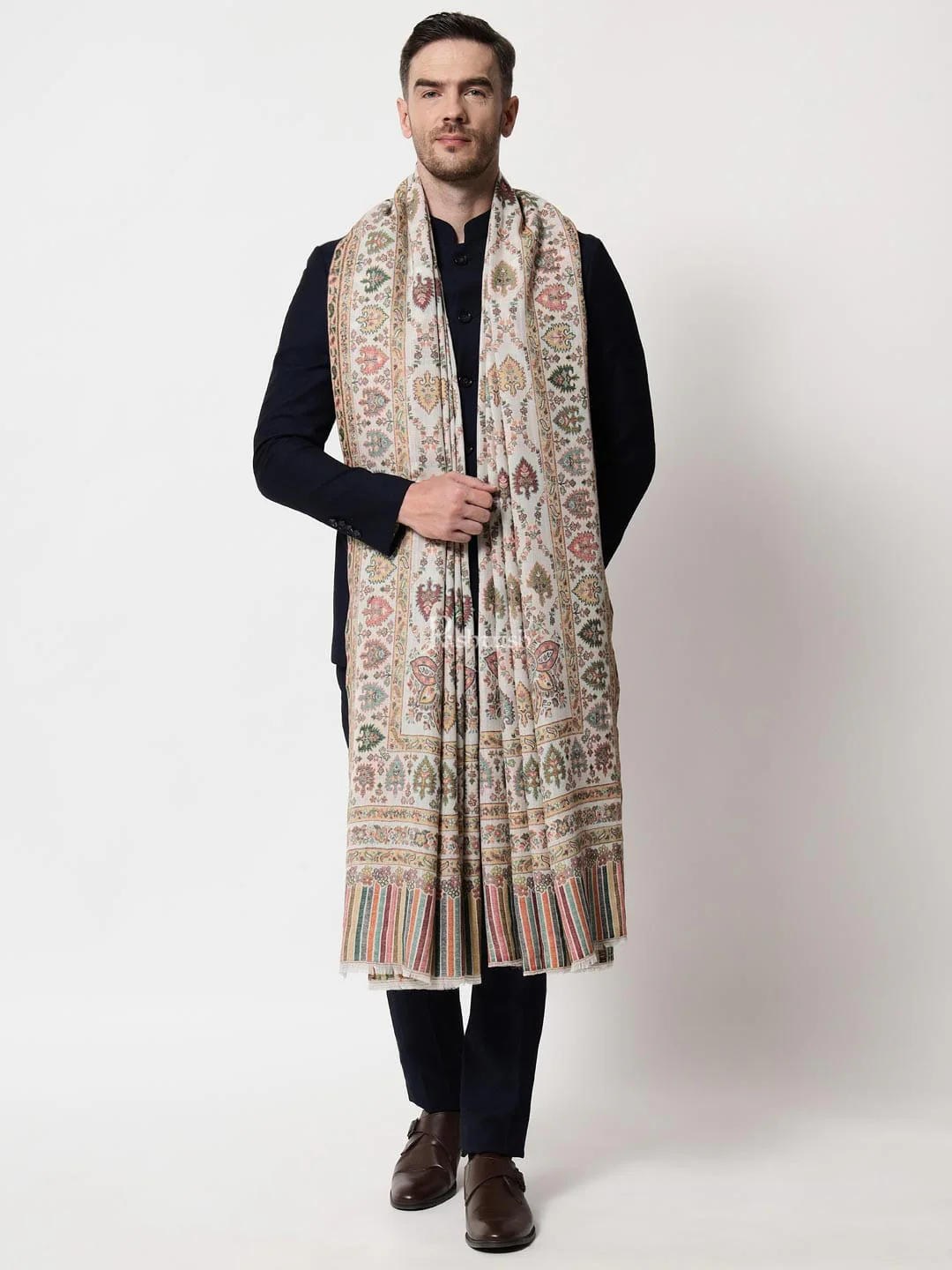 Pashtush men Extra Fine Wool shawl, Ethnic weave design, Ivory - Image 4