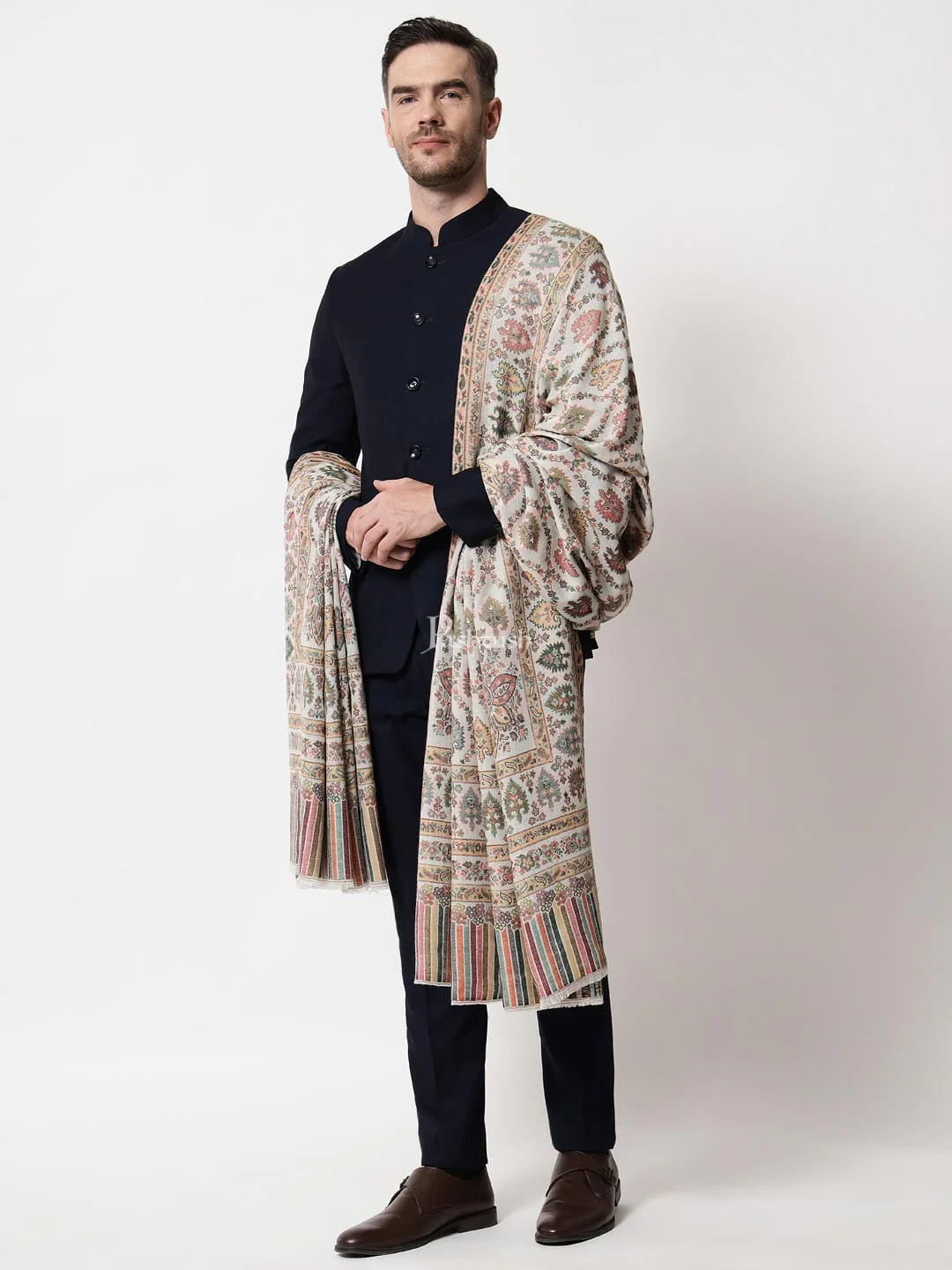 Pashtush men Extra Fine Wool shawl, Ethnic weave design, Ivory - Image 5