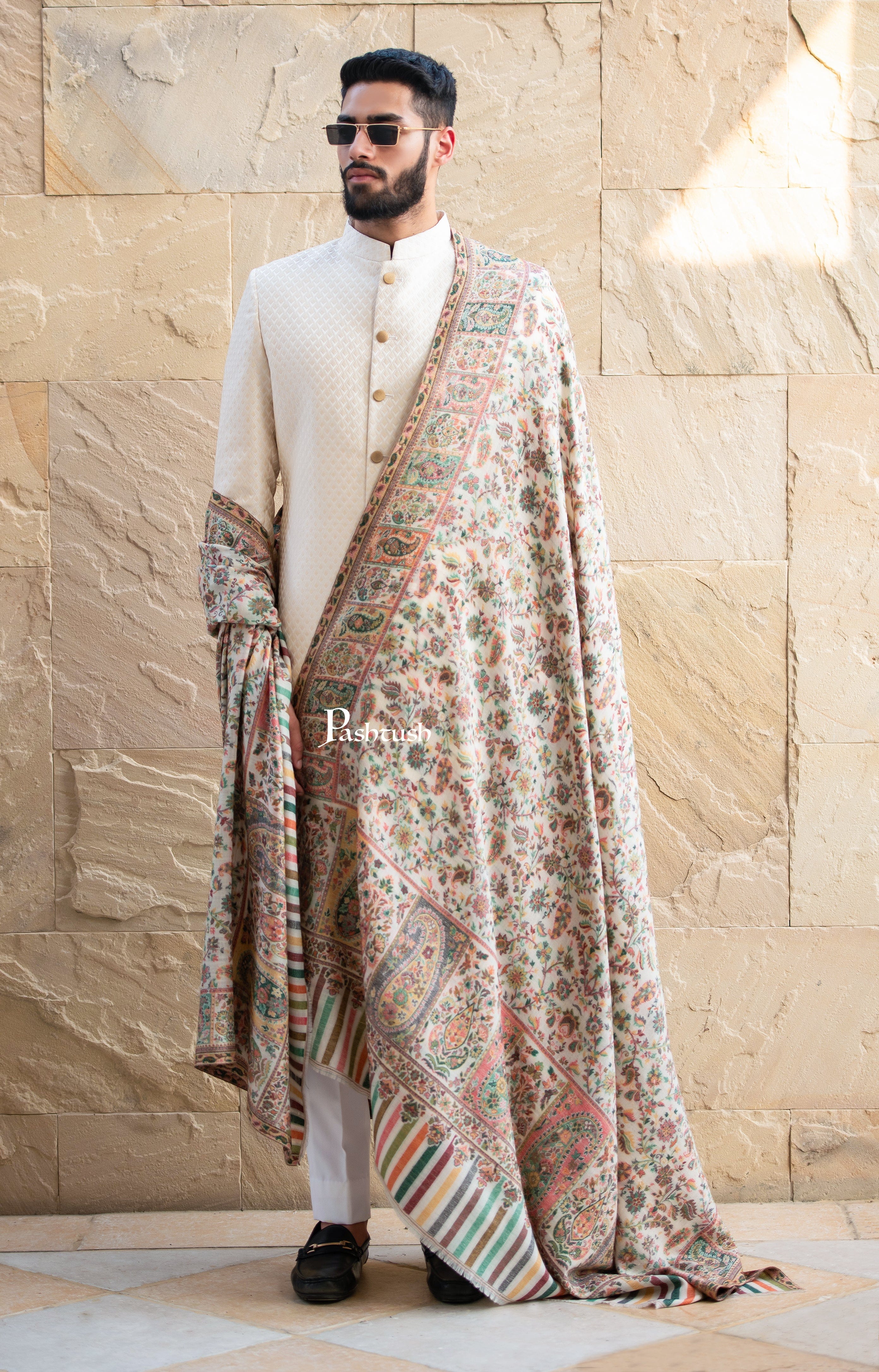 Pashtush men Extra Fine Wool shawl, Ethnic Weave, Full Size, Ivory - Image 2