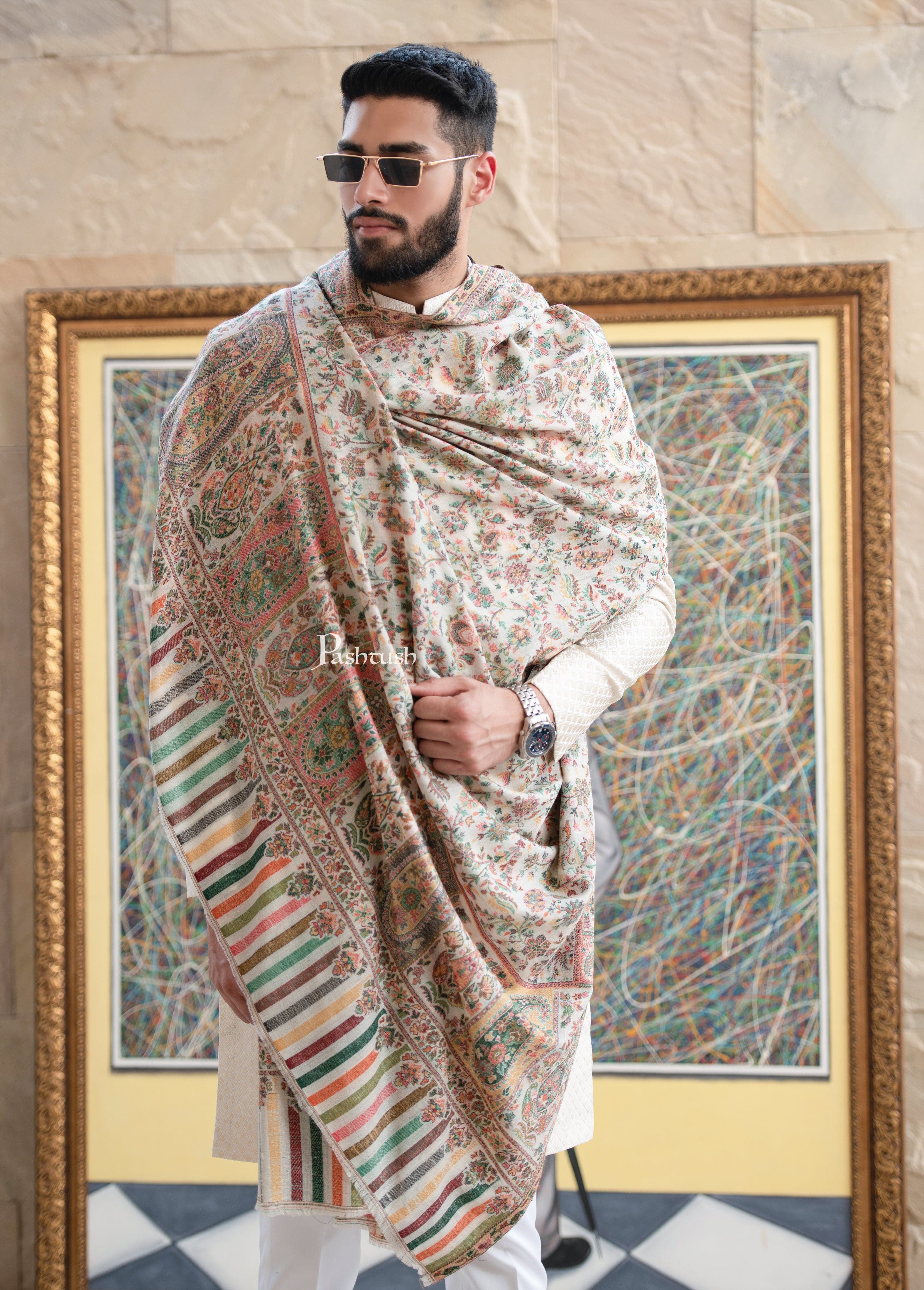 Pashtush men Extra Fine Wool shawl, Ethnic Weave, Full Size, Ivory - Image 3
