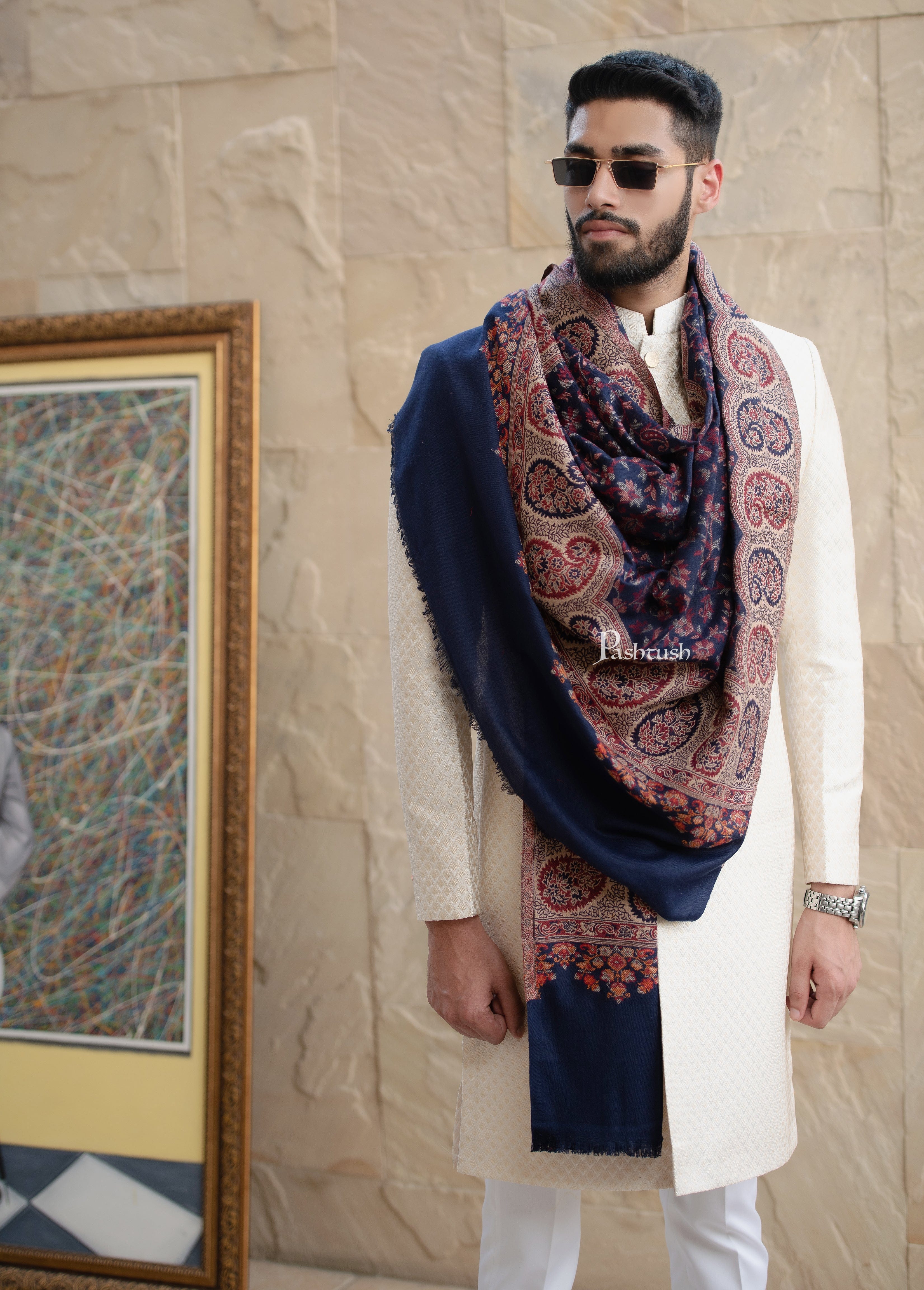 Pashtush men Faux Pashmina stole, Ethnic design, Blue - Image 2