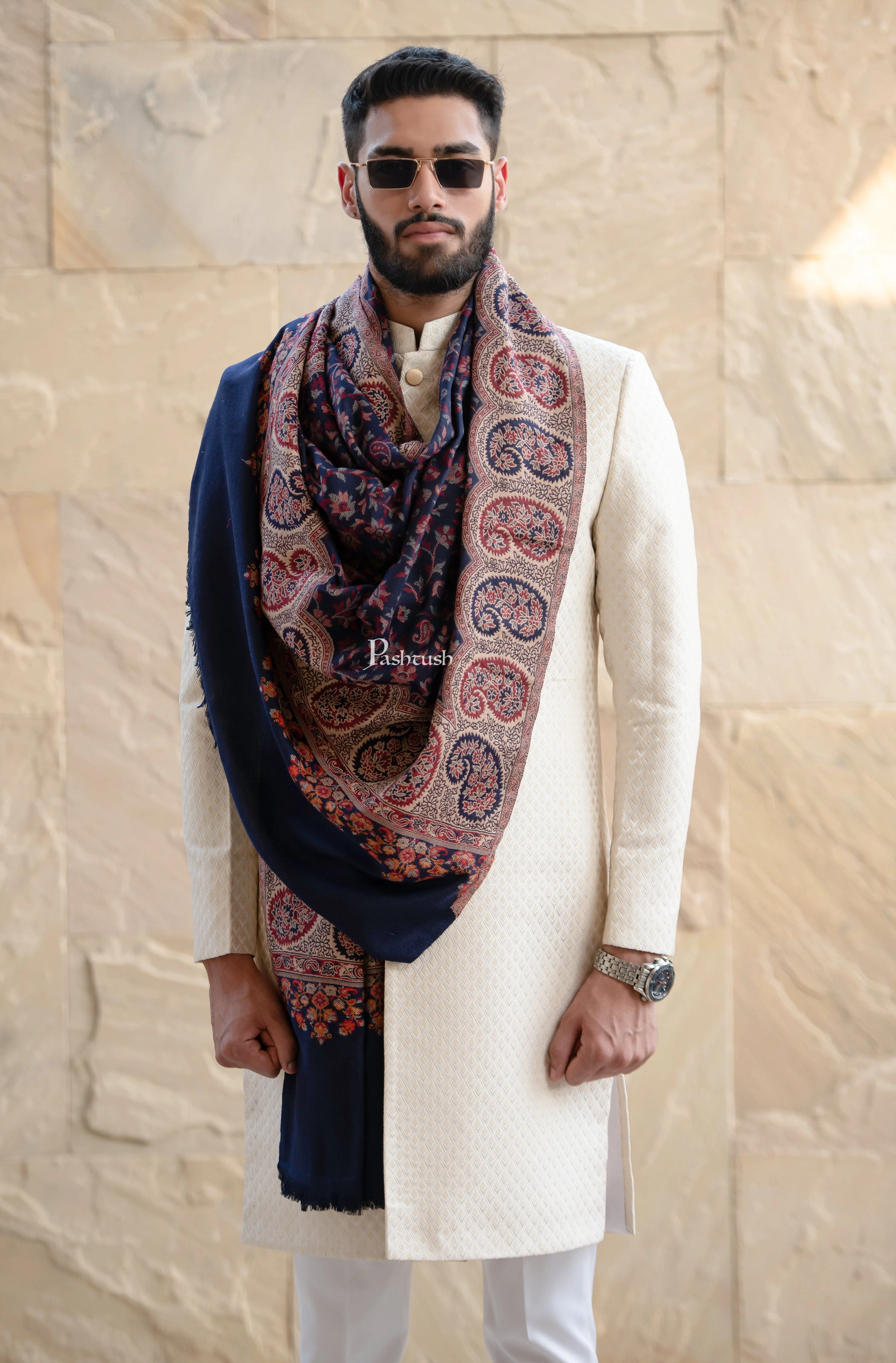 Pashtush men Faux Pashmina stole, Ethnic design, Blue - Image 3