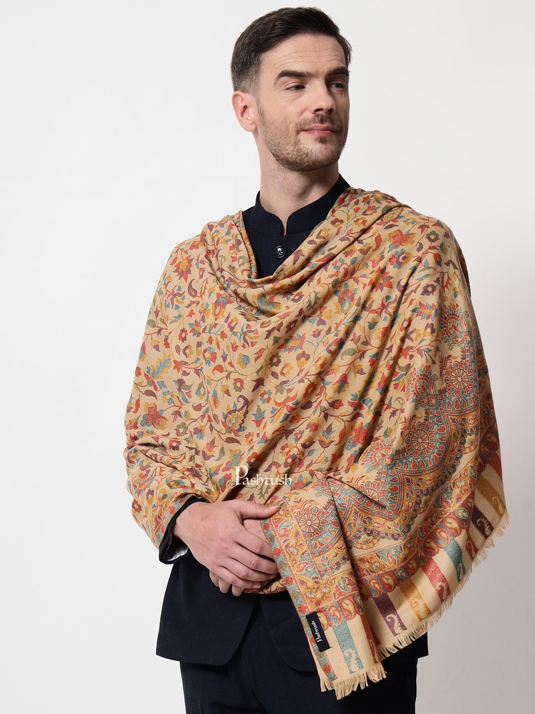 Pashtush men Faux Pashmina stole, Ethnic weave design, Beige - Image 4