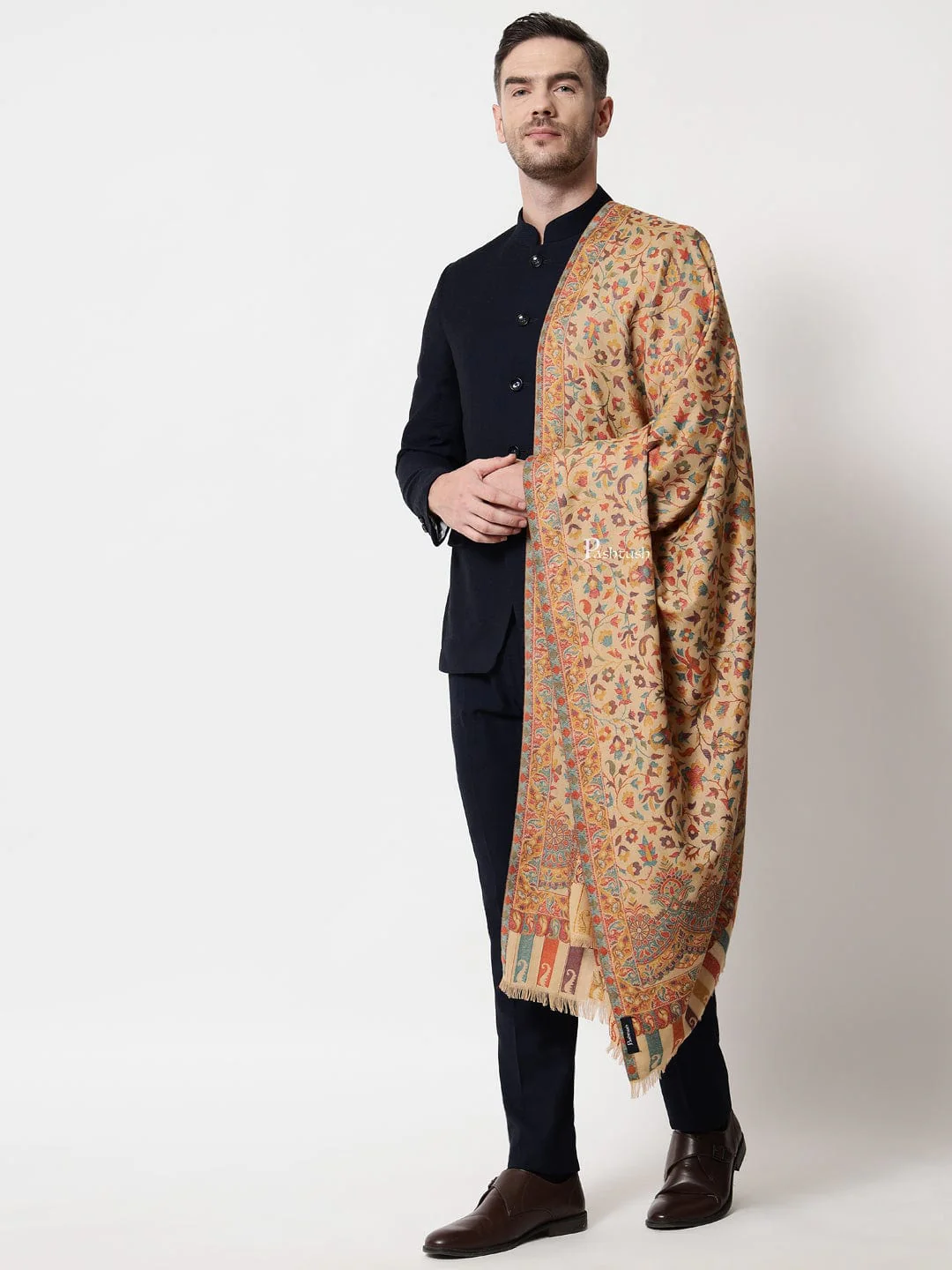 Pashtush men Faux Pashmina stole, Ethnic weave design, Beige - Image 5
