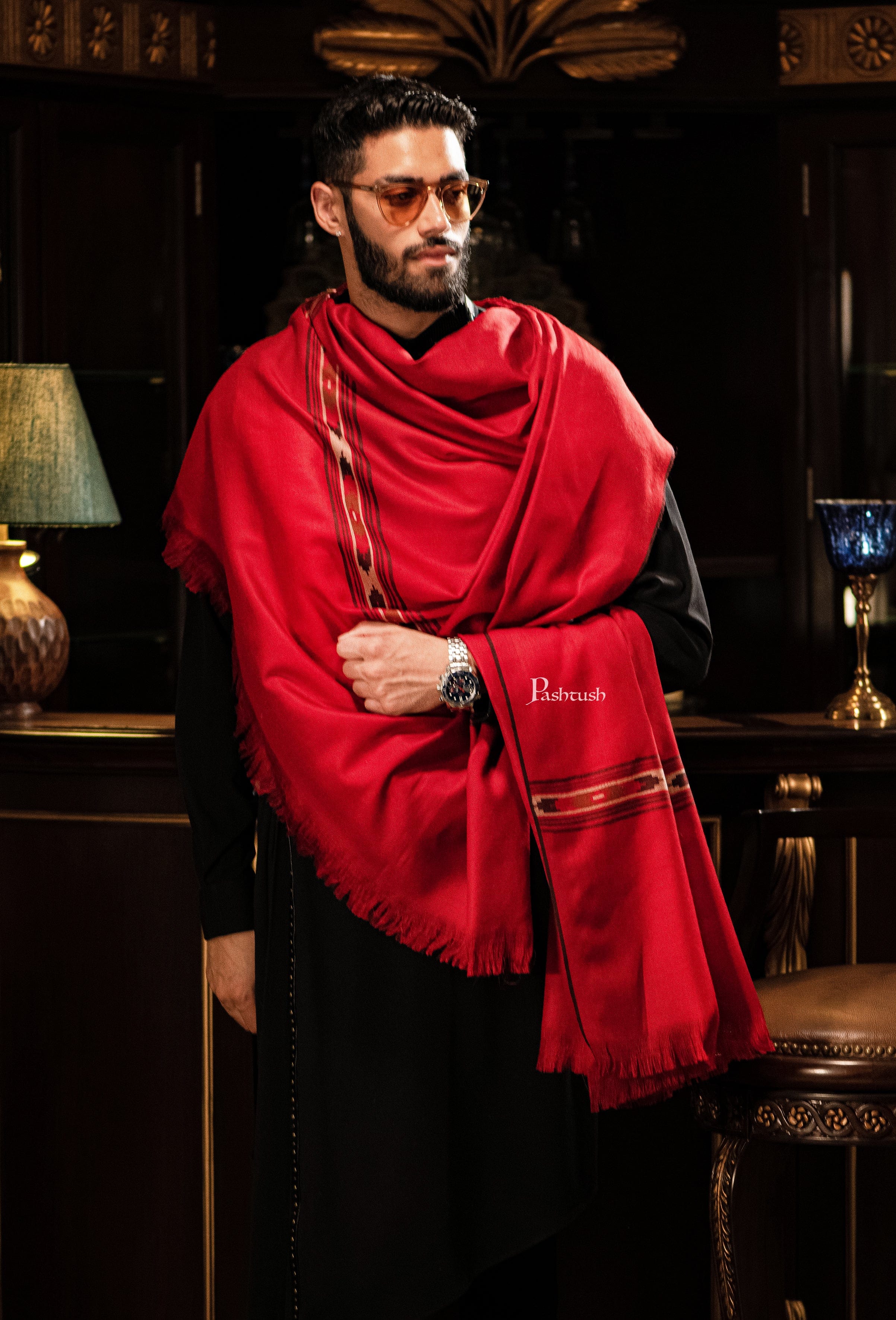 Pashtush men Fine Wool shawl, Aztec design, Mens Full Size, Maroon