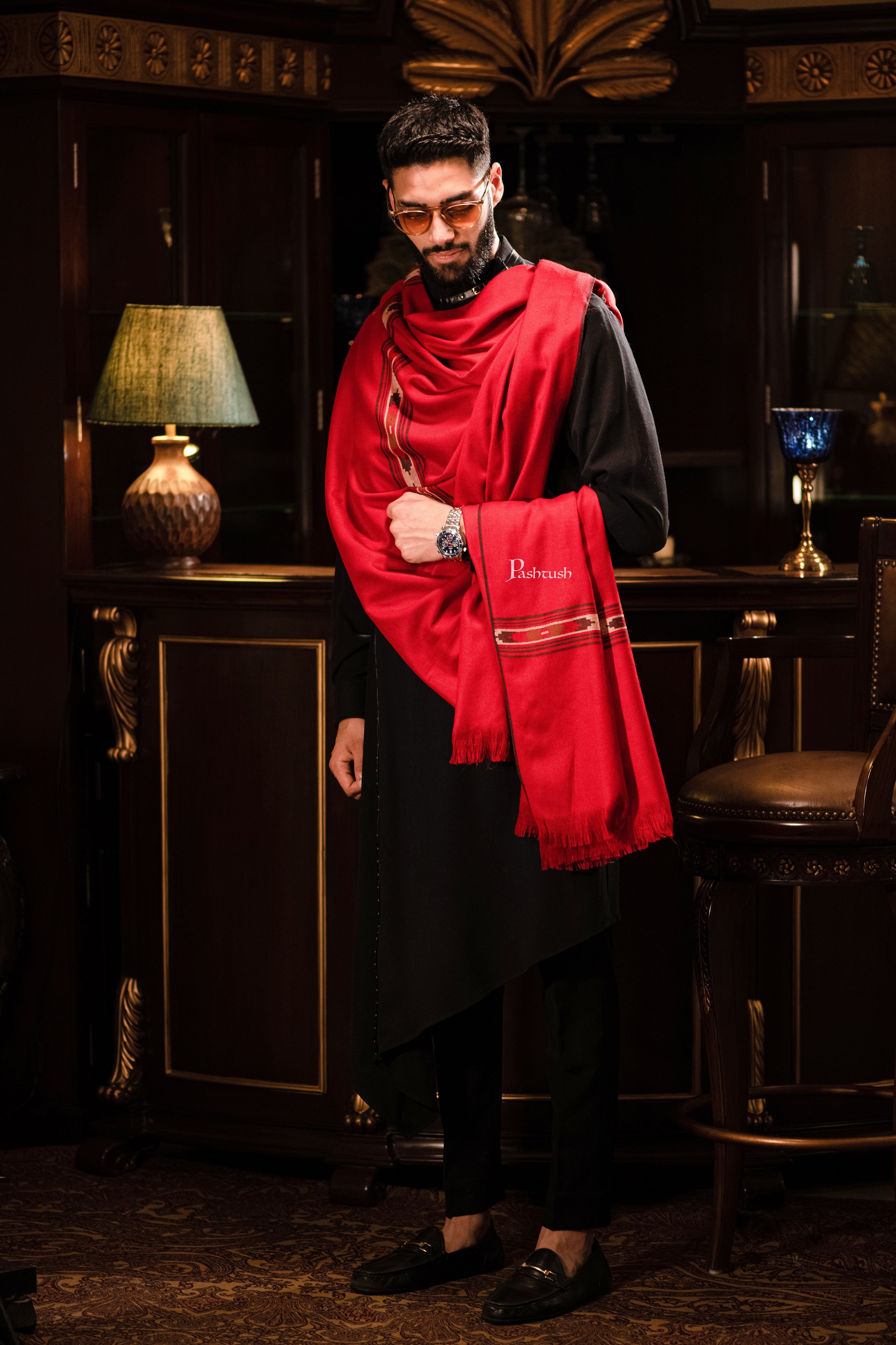 Pashtush men Fine Wool shawl, Aztec design, Mens Full Size, Maroon - Image 3