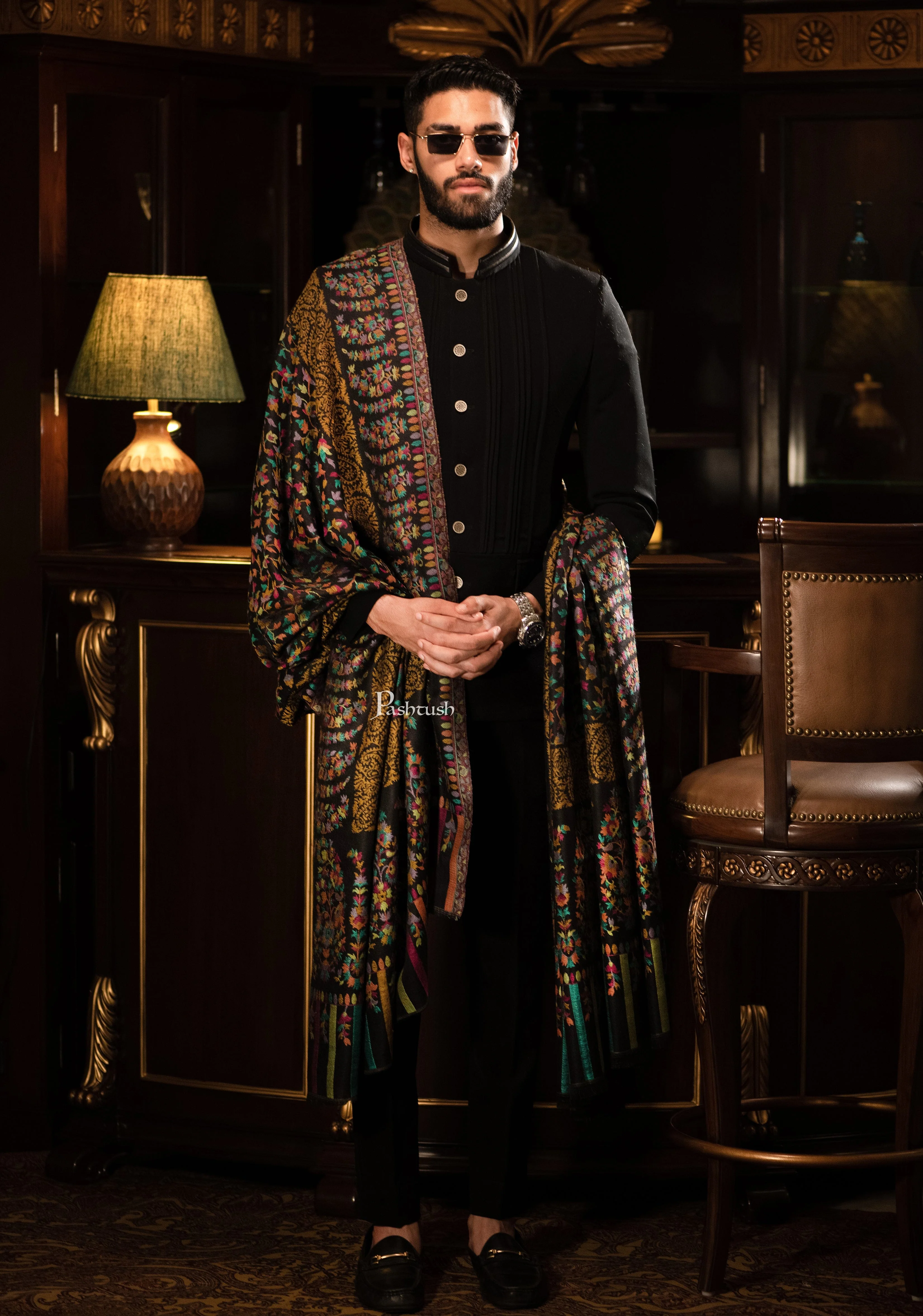 Pashtush men Fine Wool shawl, Ethnic design, Black, Mens Lohi, Full Size - Image 4
