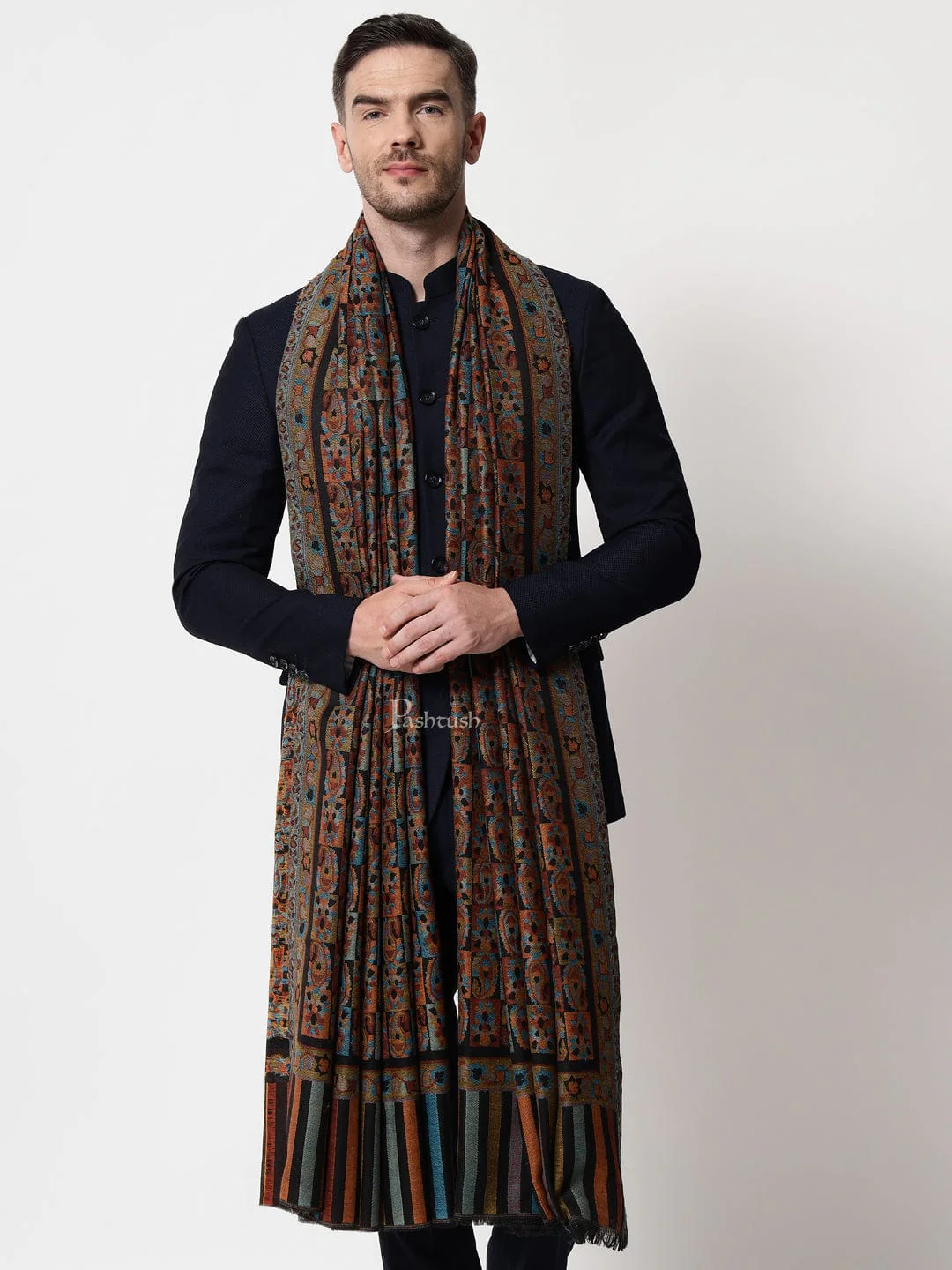 Pashtush men Fine Wool shawl, Ethnic design, Multicolour - Image 3