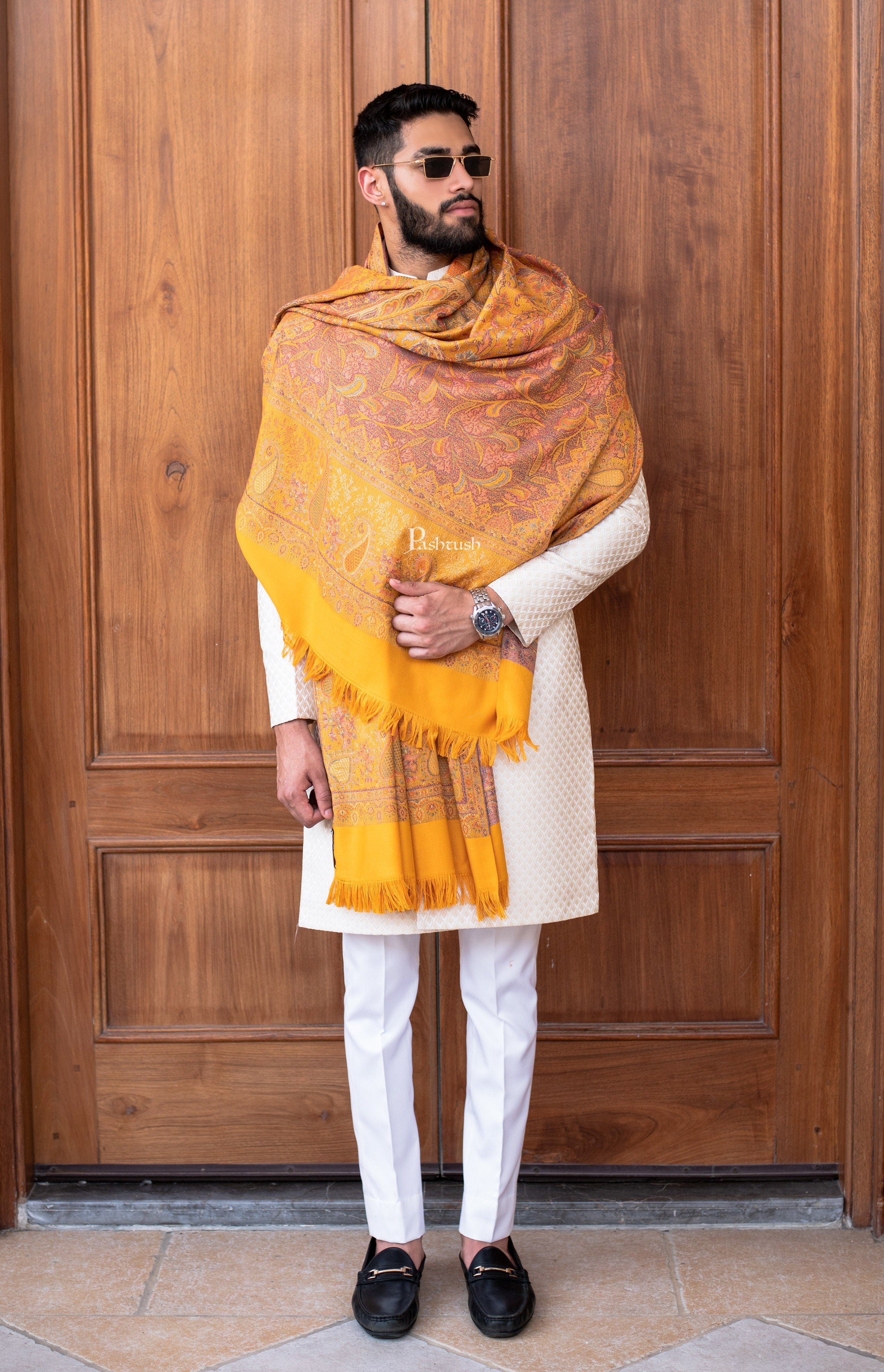 Pashtush Mens Jamawar Stole, Ethnic design, Mustard - Image 3