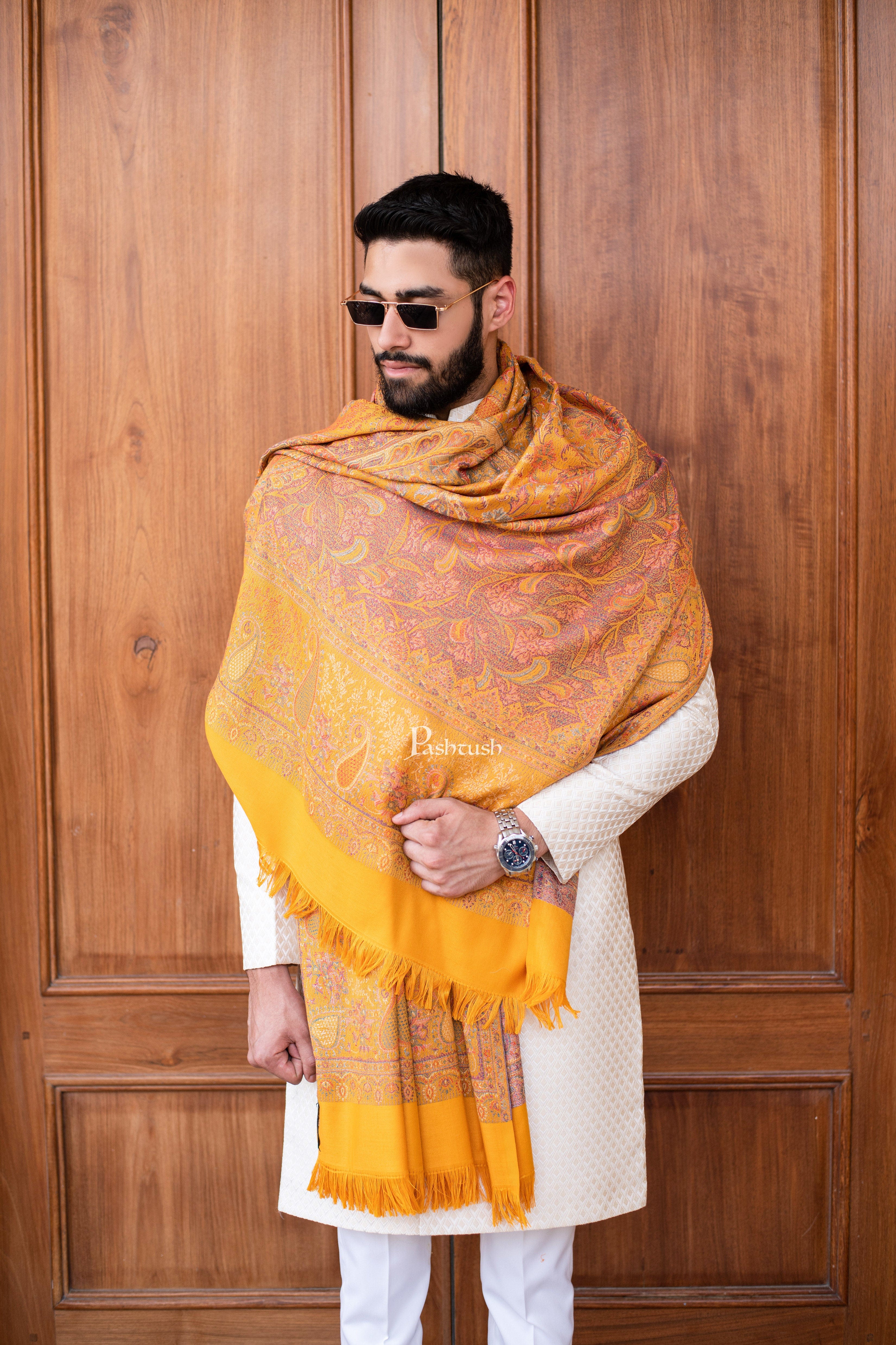 Pashtush Mens Jamawar Stole, Ethnic design, Mustard - Image 4