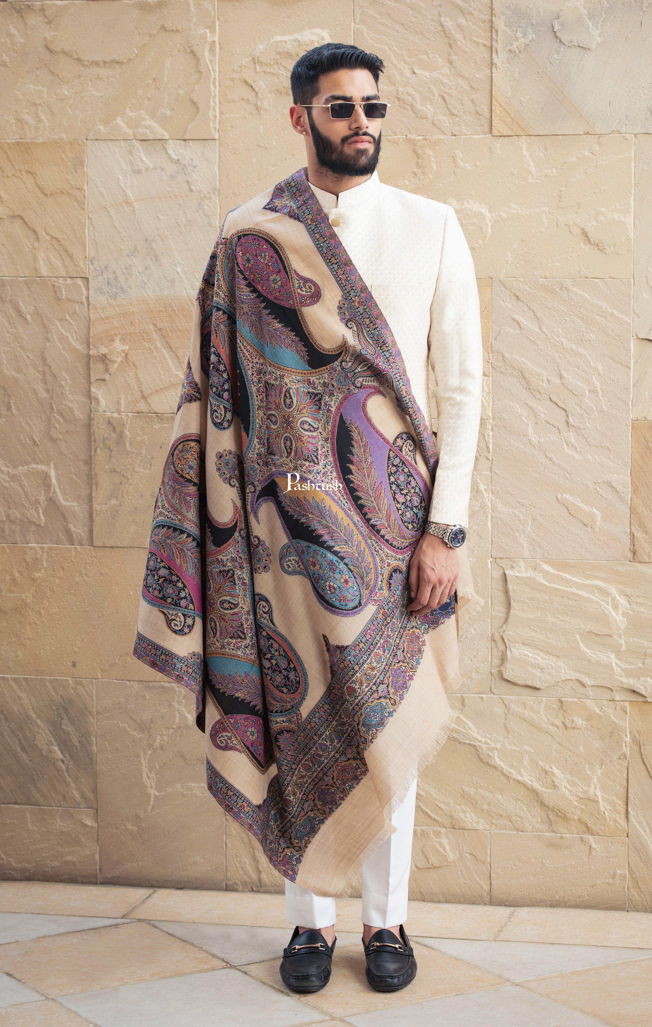 Pashtush men fine wool stole, paisley design - Image 2