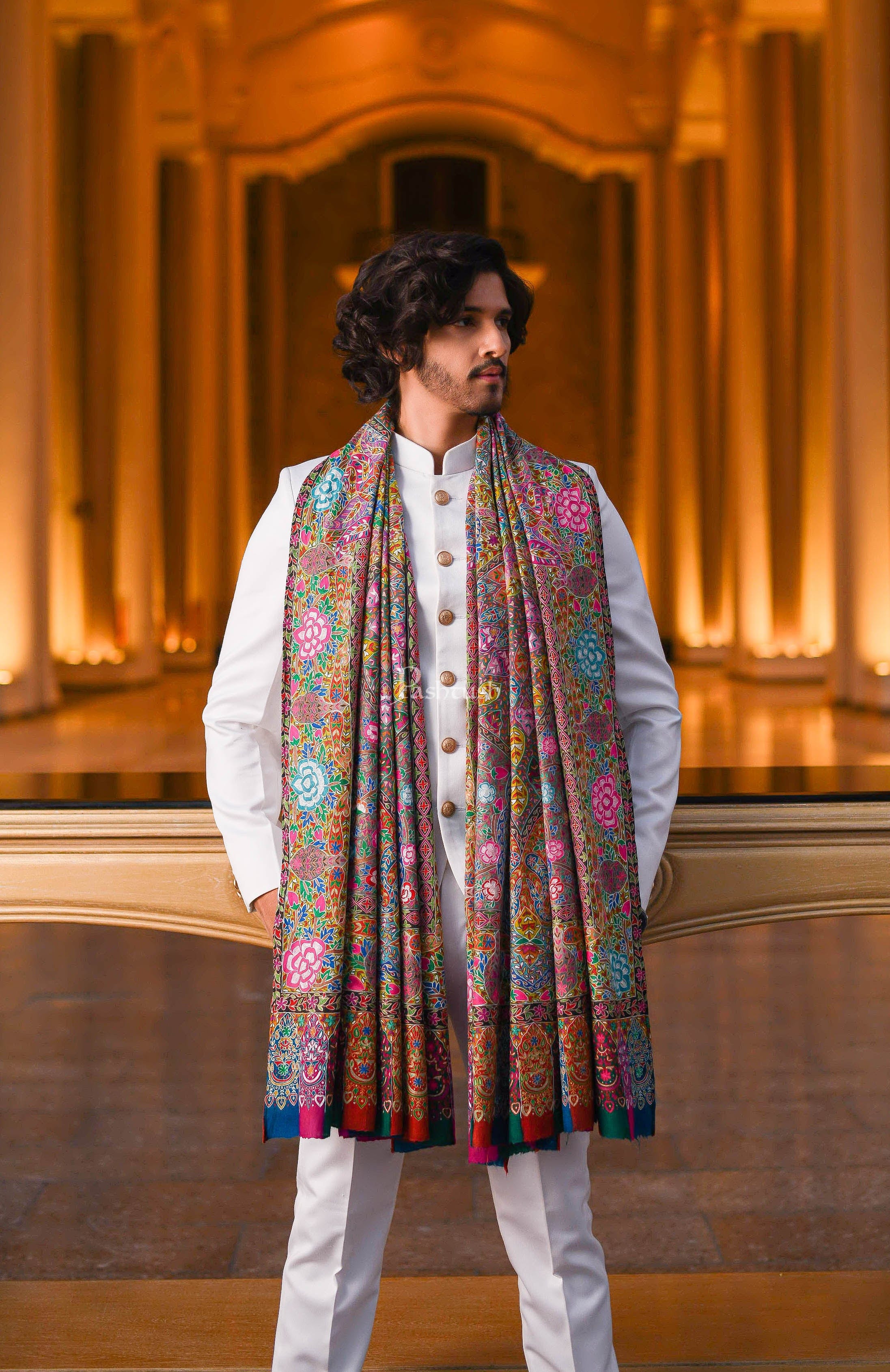 Pashtush Men Pashmina Handmade Kalamkari Shawl, Multicoloured - Image 2