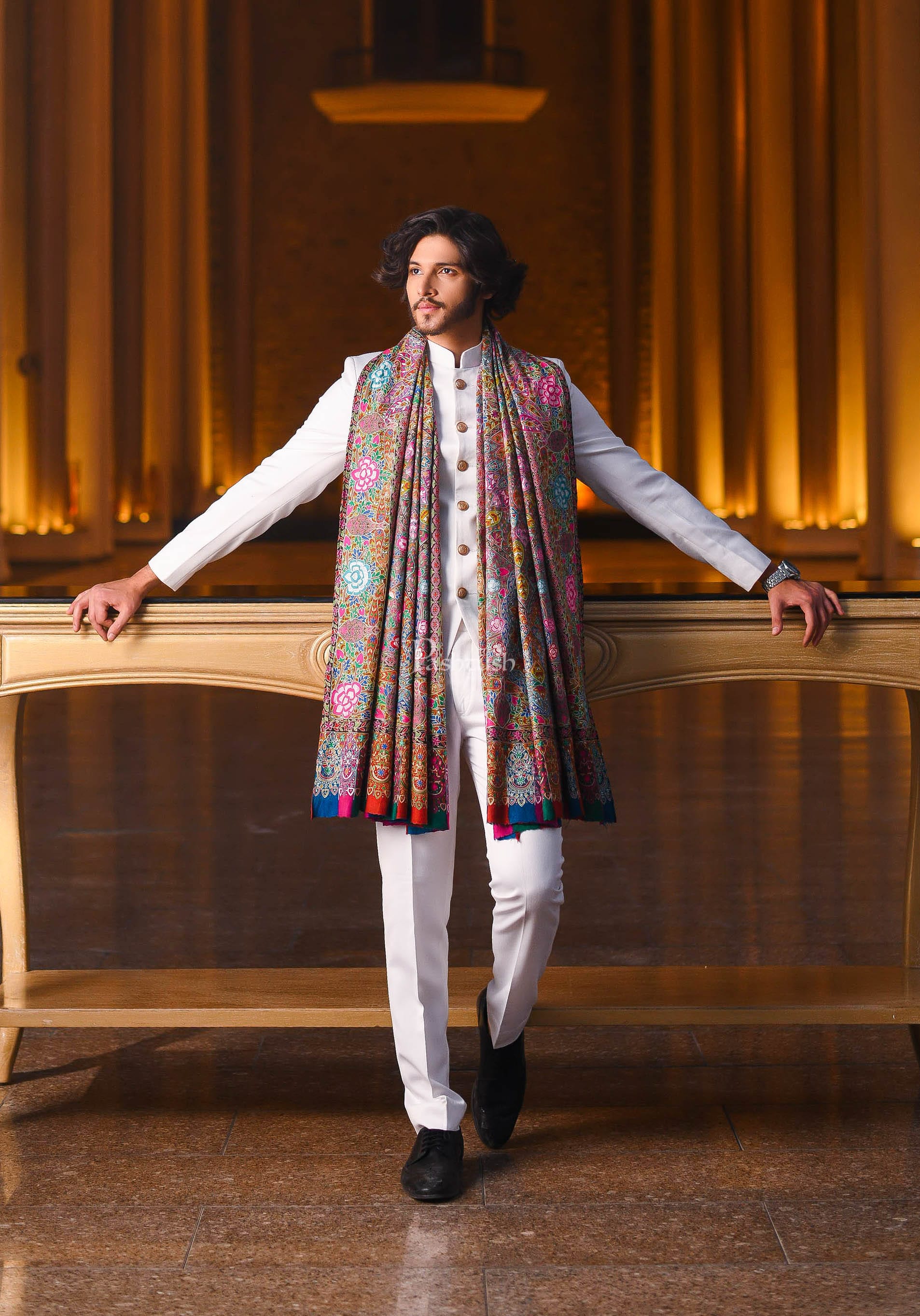 Pashtush Men Pashmina Handmade Kalamkari Shawl, Multicoloured - Image 4