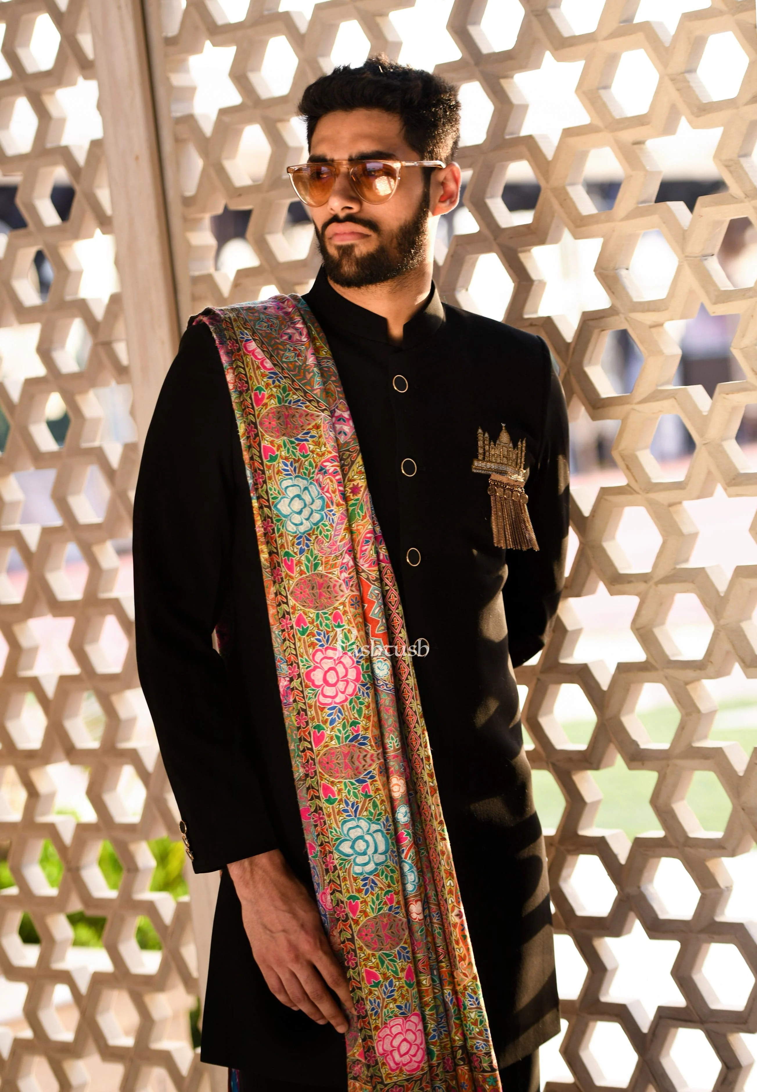Pashtush Men Pashmina Handmade Kalamkari Shawl, Multicoloured - Image 5