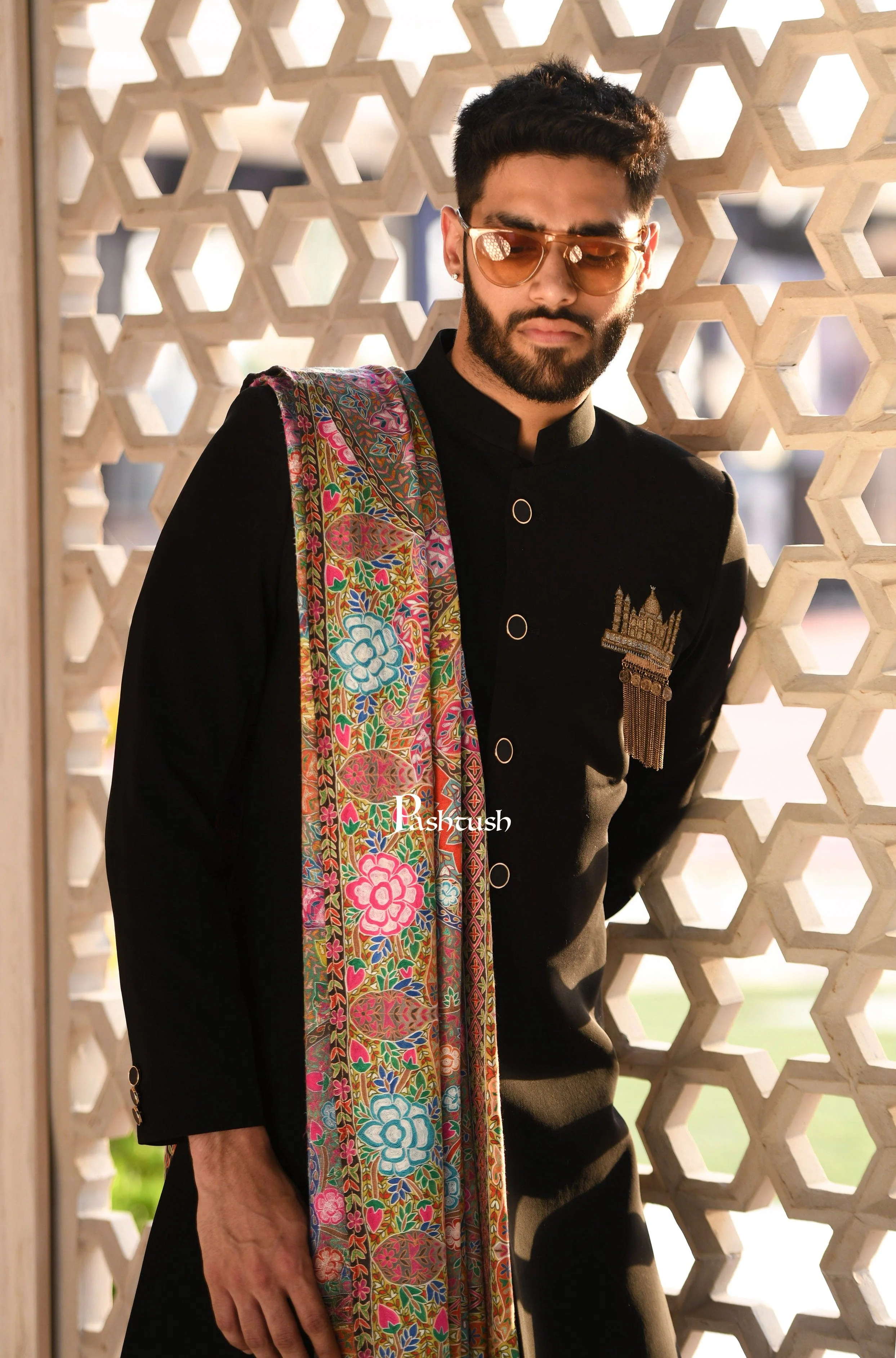 Pashtush Men Pashmina Handmade Kalamkari Shawl, Multicoloured - Image 6