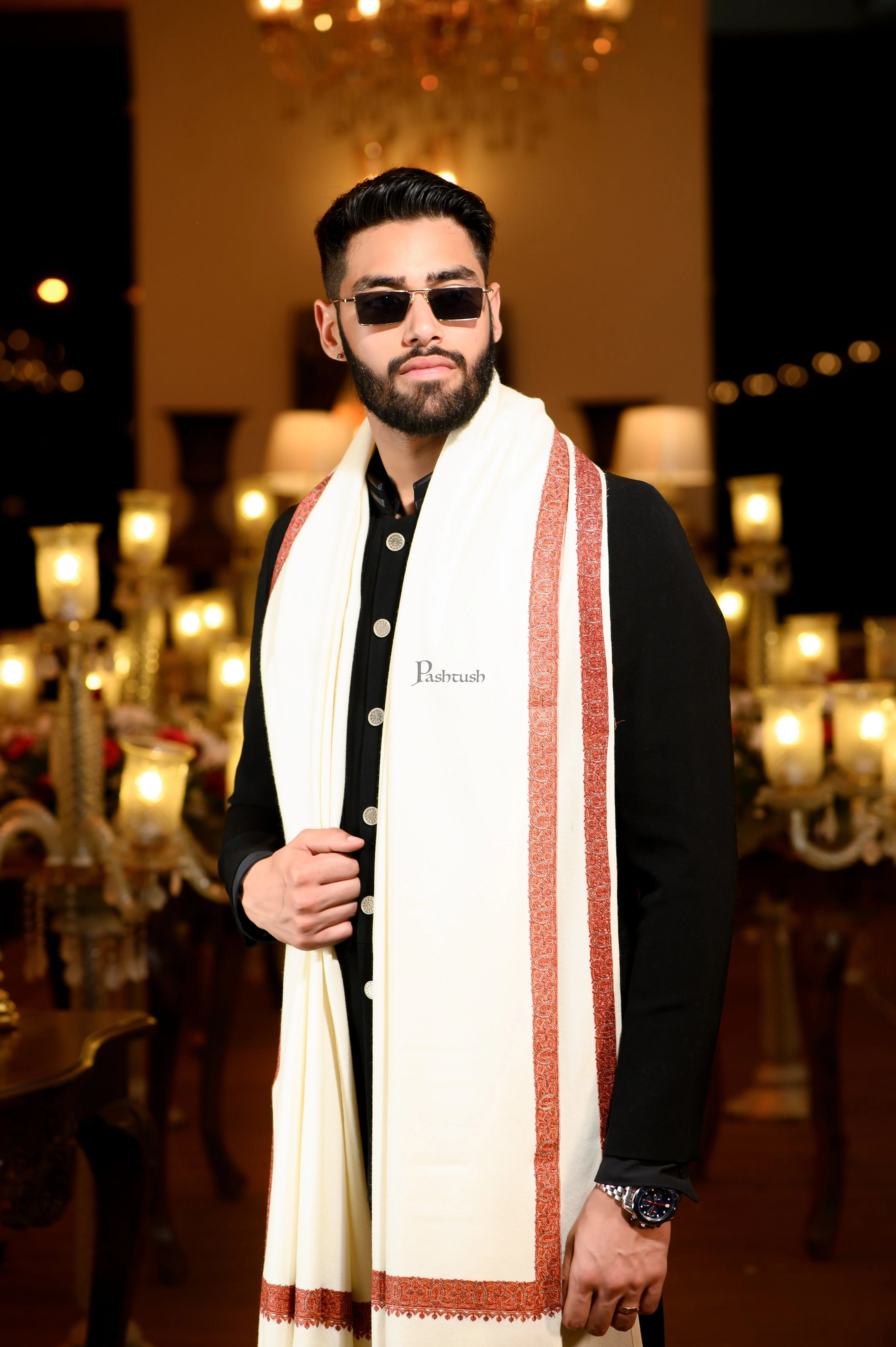 Pashtush Mens 100% Pure Wool with Woolmark Certificate Ethnic Shawl, Mens Lohi, Full Size, Ivory - Image 2