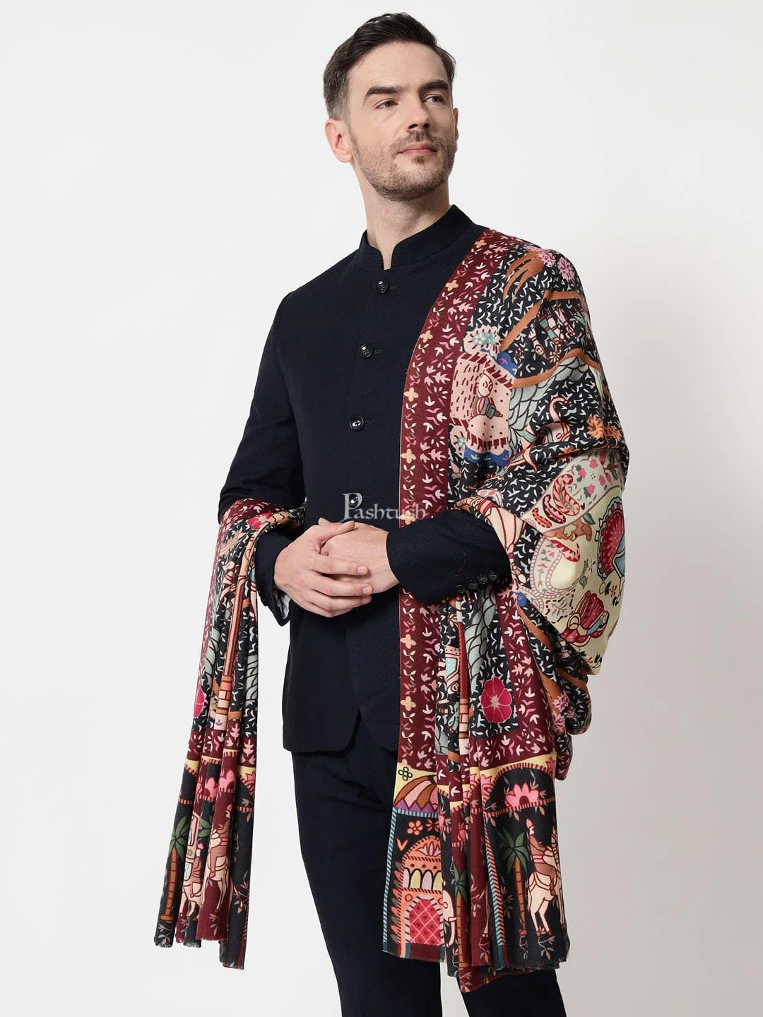 Pashtush mens 100% Pure Wool with Woolmark Certificate shawl, Darbar printed design, Multicolour - Image 2