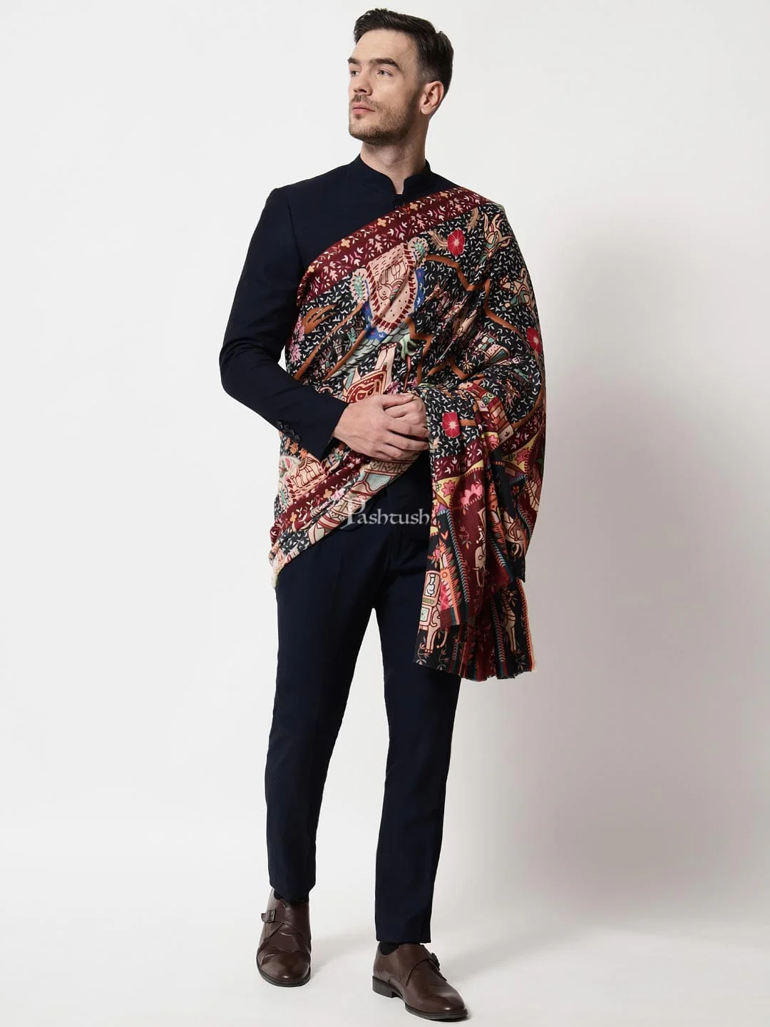 Pashtush mens 100% Pure Wool with Woolmark Certificate shawl, Darbar printed design, Multicolour - Image 3