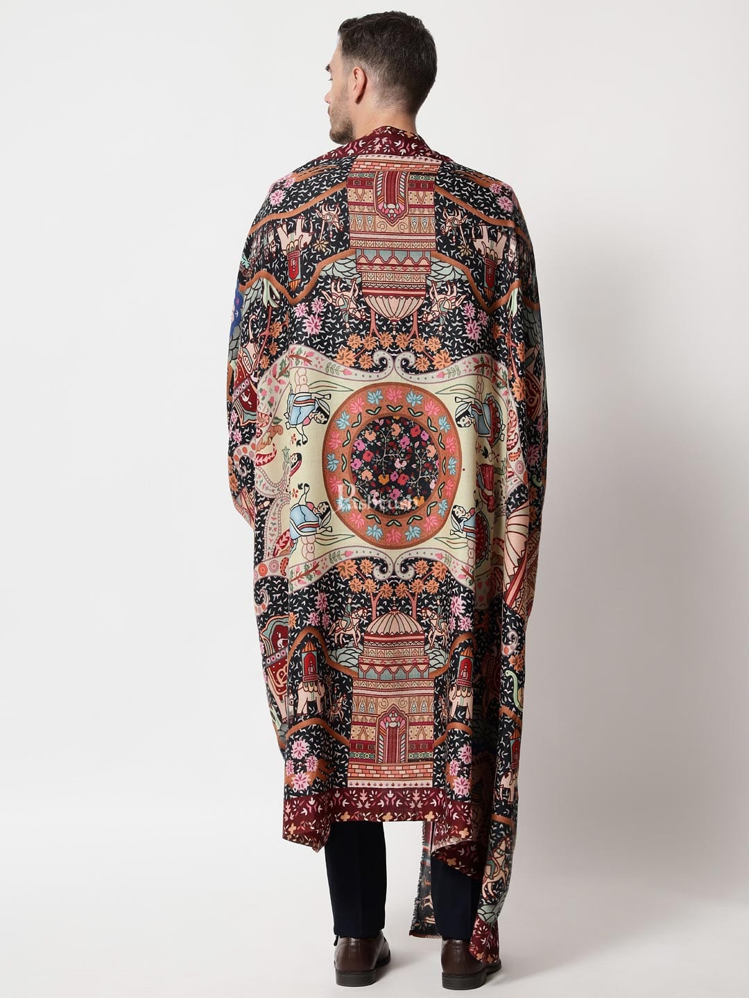 Pashtush mens 100% Pure Wool with Woolmark Certificate shawl, Darbar printed design, Multicolour - Image 4