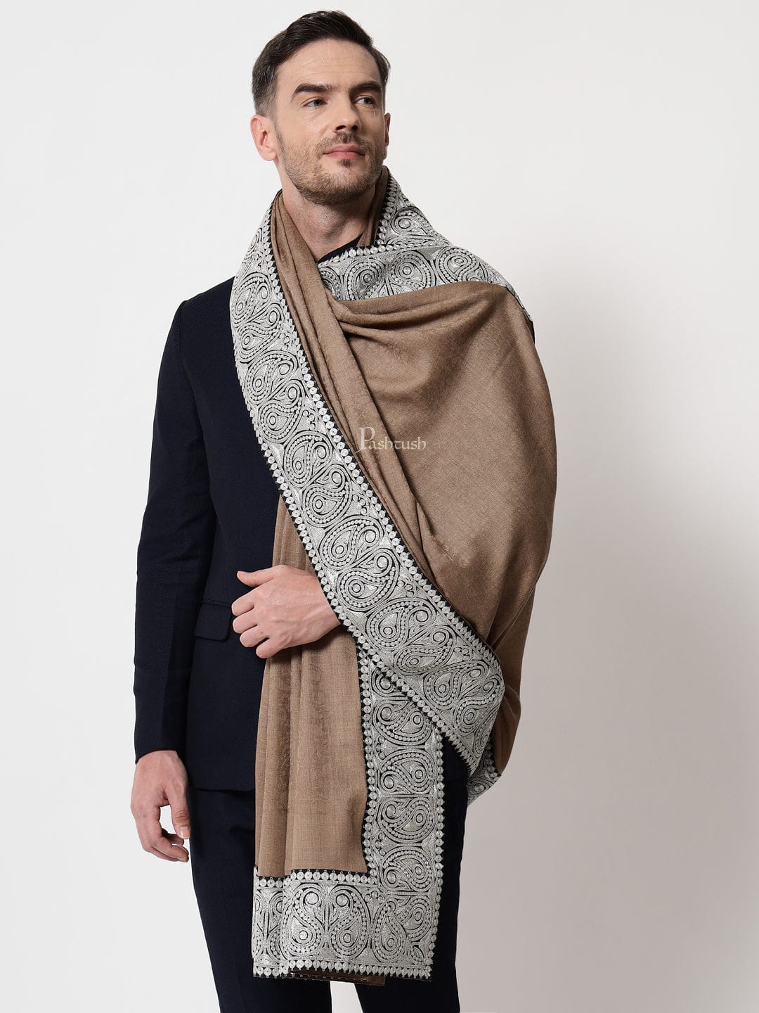 Pashtush mens 100% Pure Wool with Woolmark Certificate self shawl, Metallic Tilla silver border weave design, Beige - Image 2