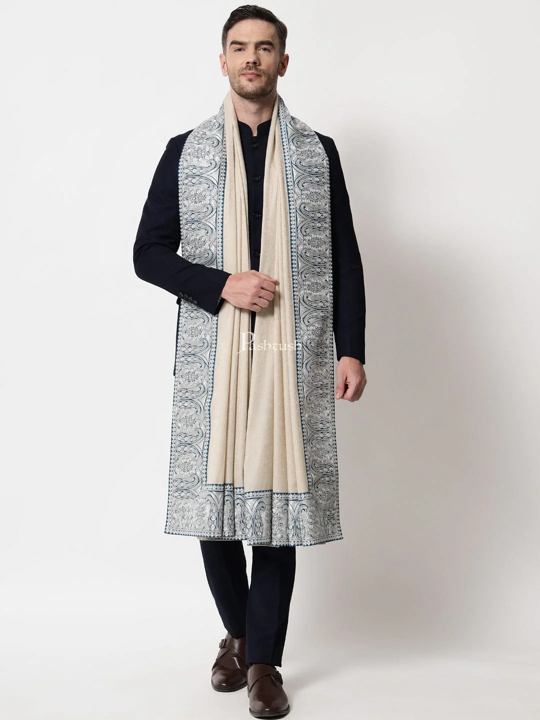 Pashtush mens 100% Pure Wool with Woolmark Certificate self shawl, Metallic Tilla silver border weave design, Beige - Image 2