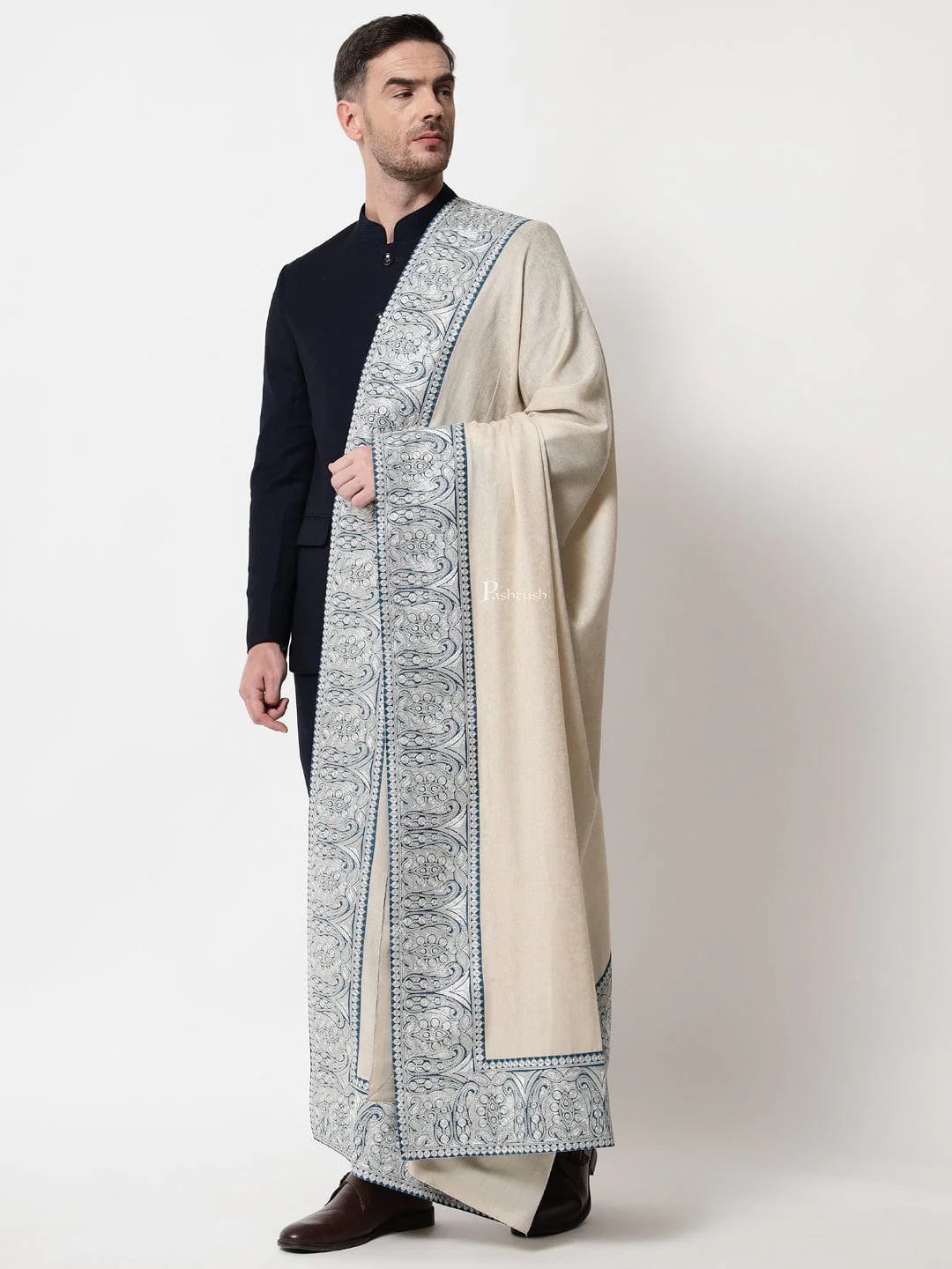 Pashtush mens 100% Pure Wool with Woolmark Certificate self shawl, Metallic Tilla silver border weave design, Beige - Image 3