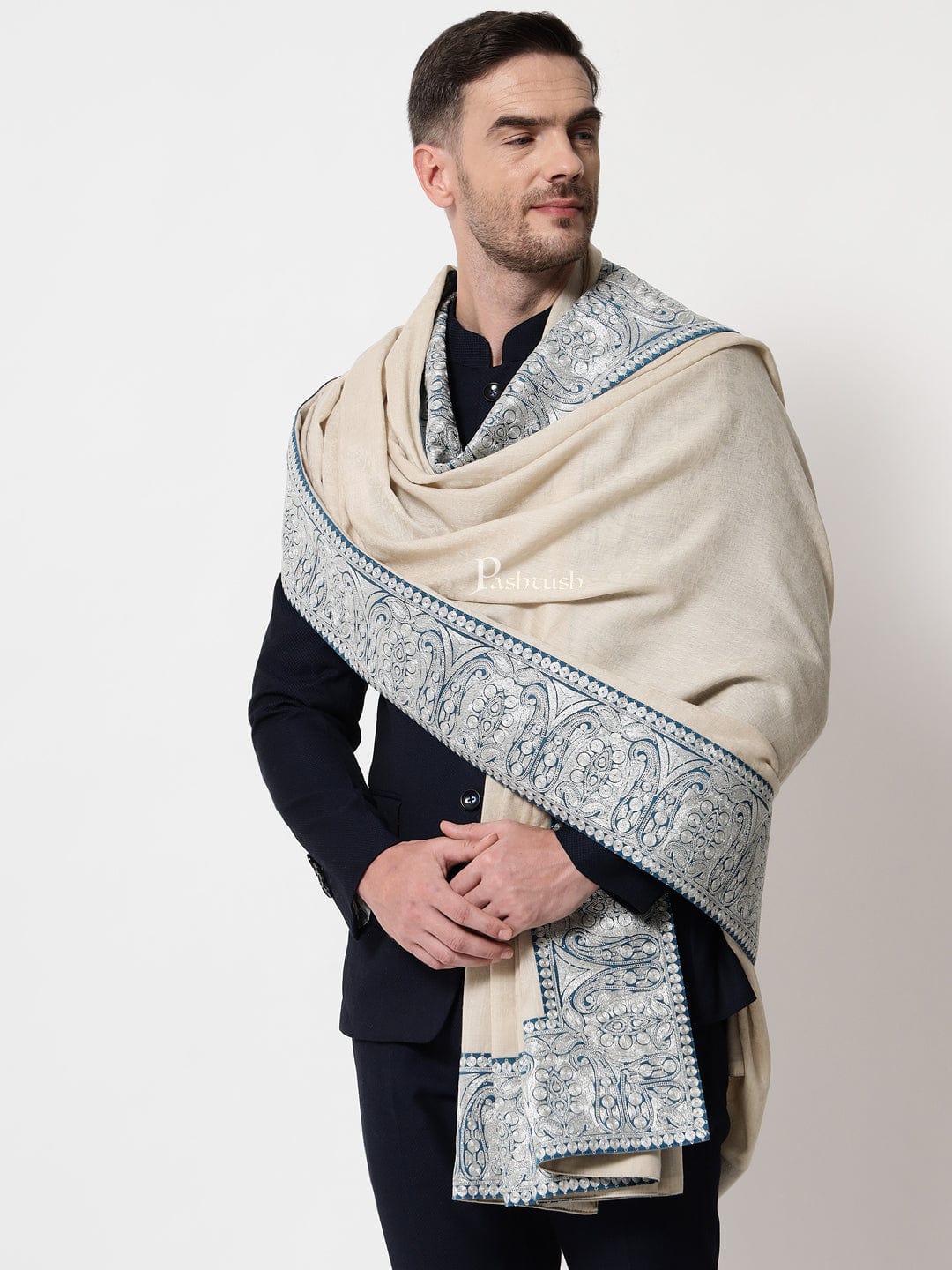 Pashtush mens 100% Pure Wool with Woolmark Certificate self shawl, Metallic Tilla silver border weave design, Beige - Image 4
