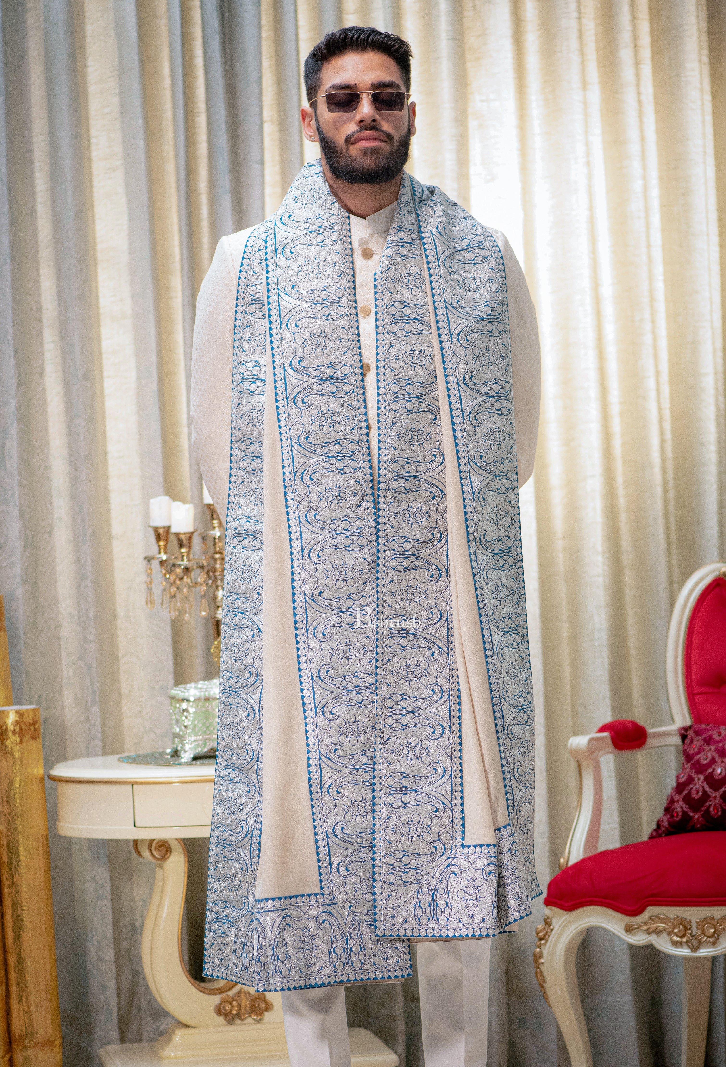 Pashtush mens 100% Pure Wool with Woolmark Certificate shawl, Metallic Tilla silver border weave design, Beige - Image 5