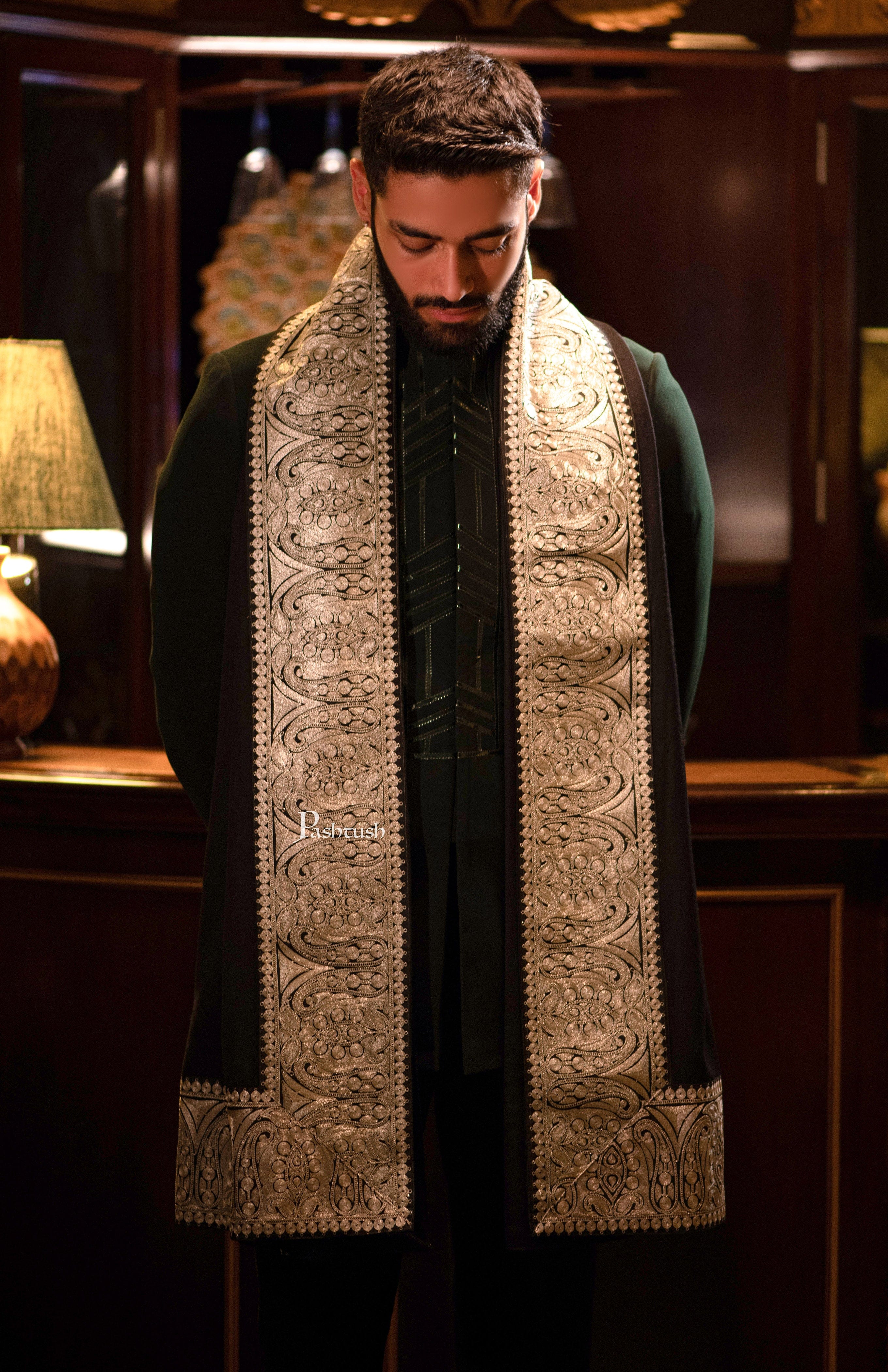 Pashtush mens 100% Pure Wool with Woolmark Certificate stole, Metallic Tilla silver border weave design, Black - Image 3