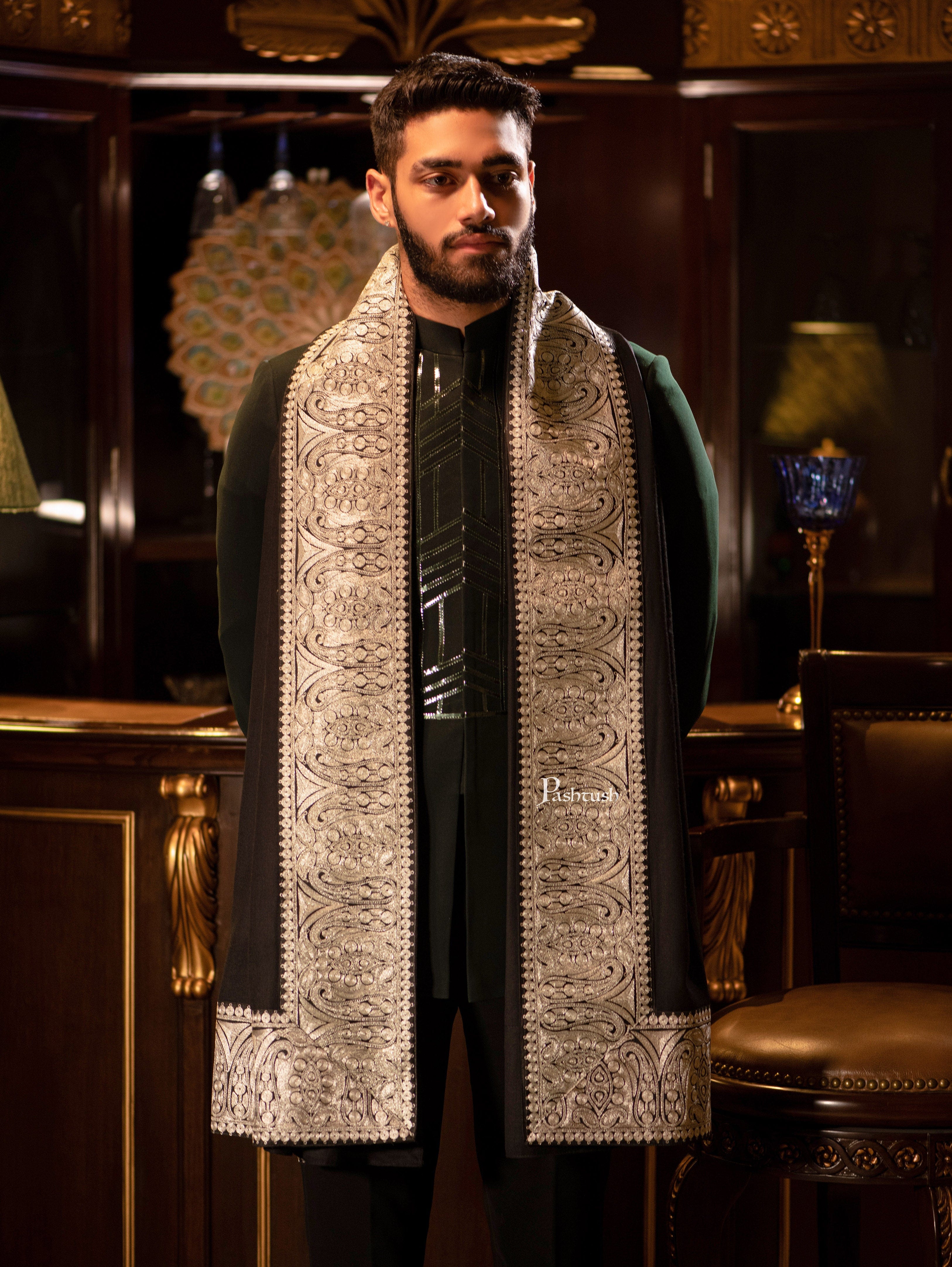 Pashtush mens 100% Pure Wool with Woolmark Certificate stole, Metallic Tilla silver border weave design, Black - Image 4