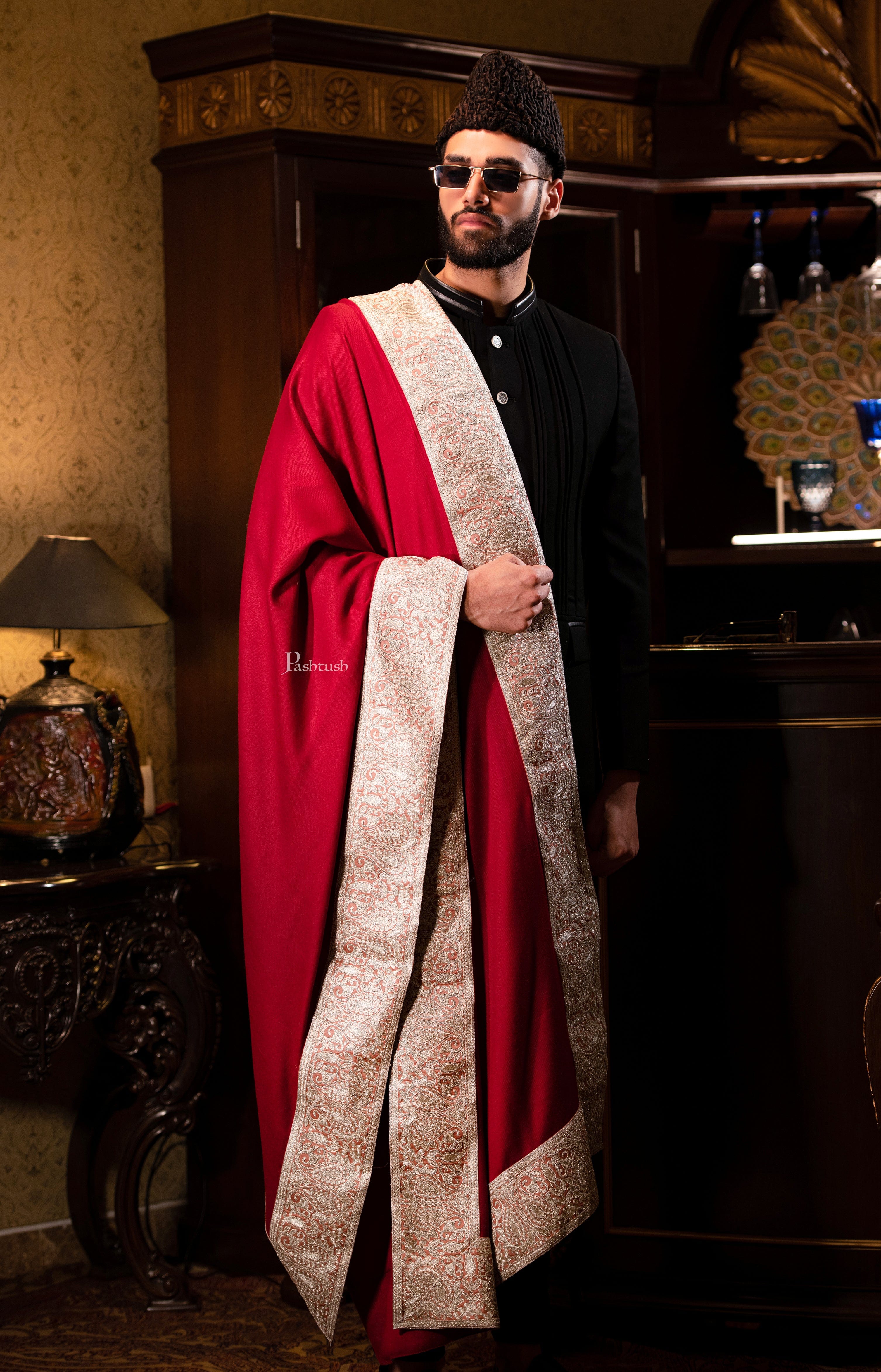 Pashtush mens 100% Pure Wool with Woolmark Certificate shawl, Metallic Tilla silver border weave design, Maroon - Image 3