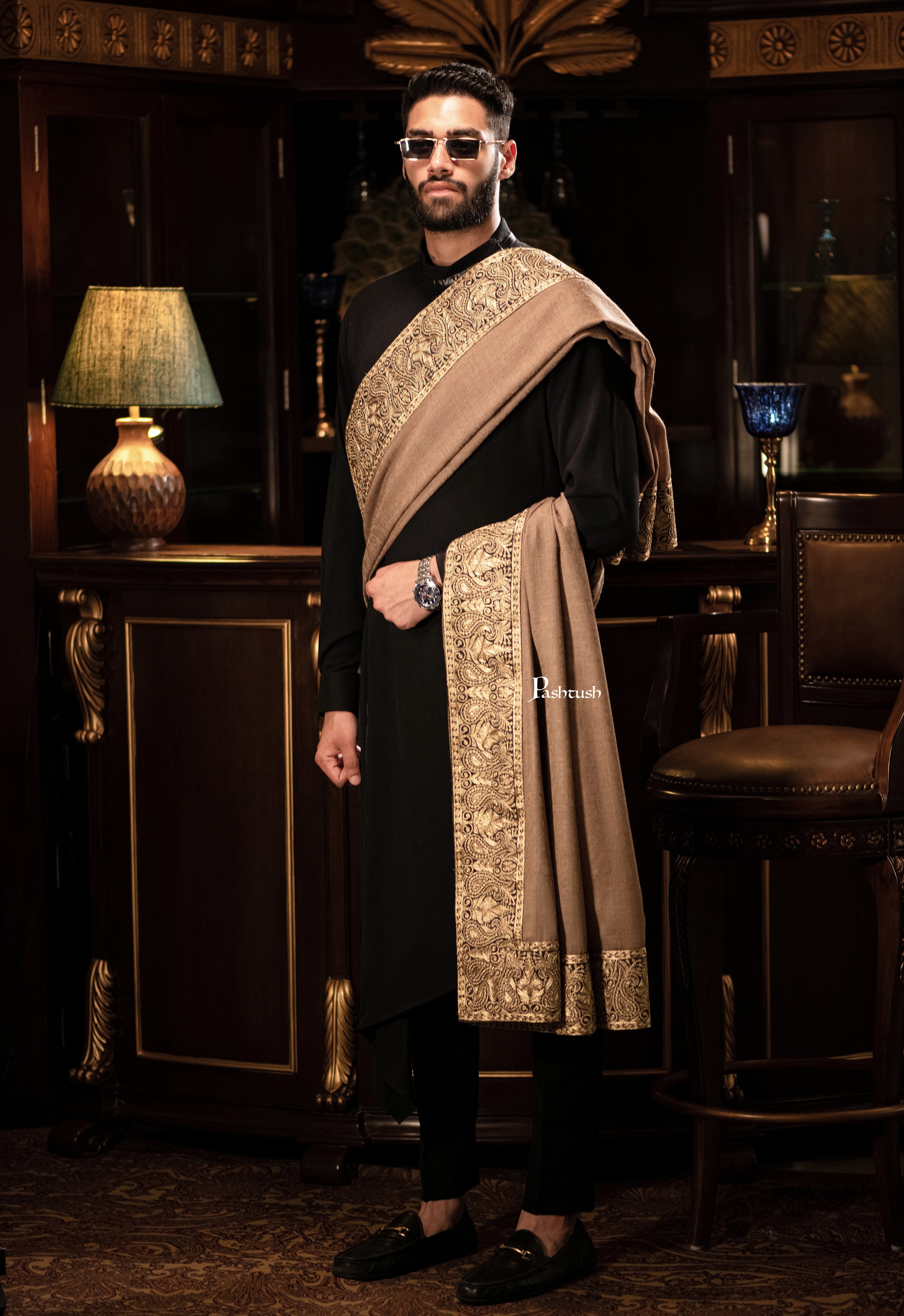 Pashtush mens 100% Pure Wool with Woolmark Certificate self shawl, Metallic Tilla golden border weave design, Taupe