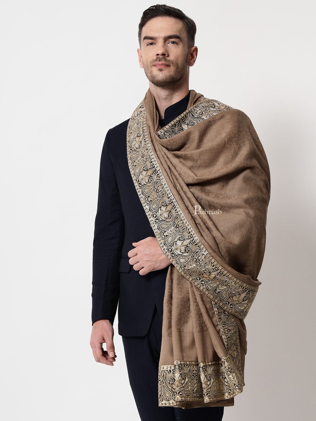 Pashtush mens 100% Pure Wool with Woolmark Certificate self shawl, Metallic Tilla golden border weave design, Taupe - Image 2