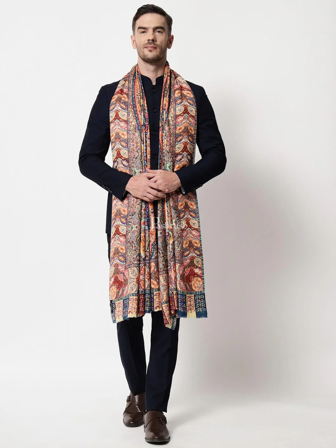 Pashtush mens 100% Pure Wool with Woolmark Certificate shawl, Printed Kalamkari design, Multicolour - Image 3