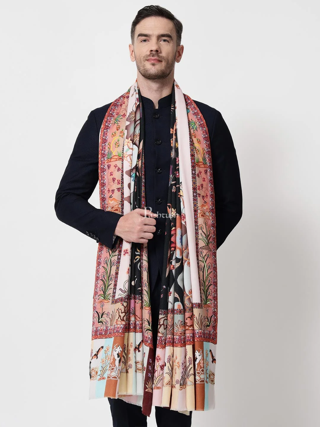 Pashtush mens 100% Pure Wool with Woolmark Certificate shawl, Shikaar-Dar design, Multicolour - Image 2